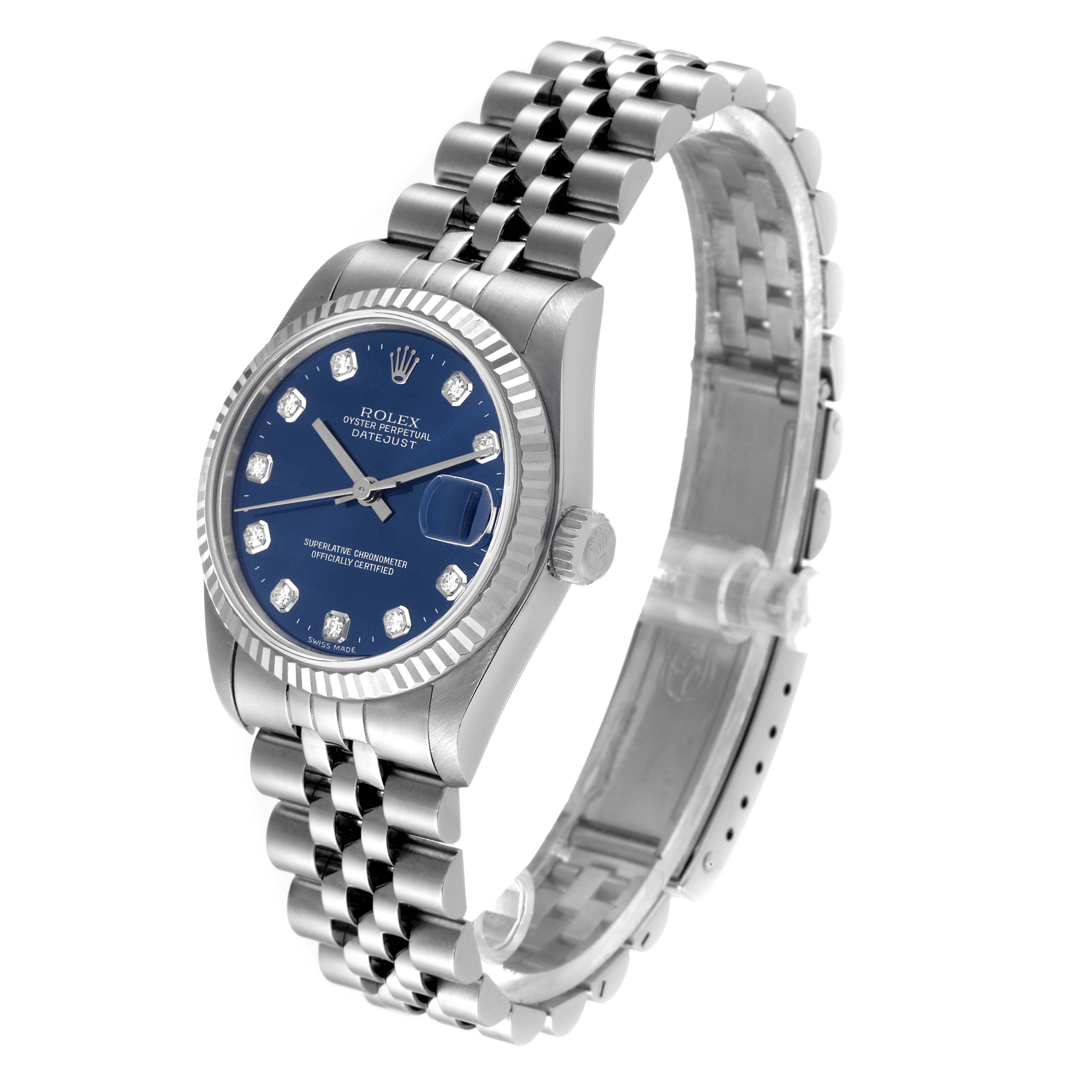 The image shows a side angle of a Rolex Mid-Size 68274 Women's Stainless Steel Blue Dial 68274 Women's Stainless Steel Blue Dial Datejust watch displaying the dial, bezel, and bracelet.