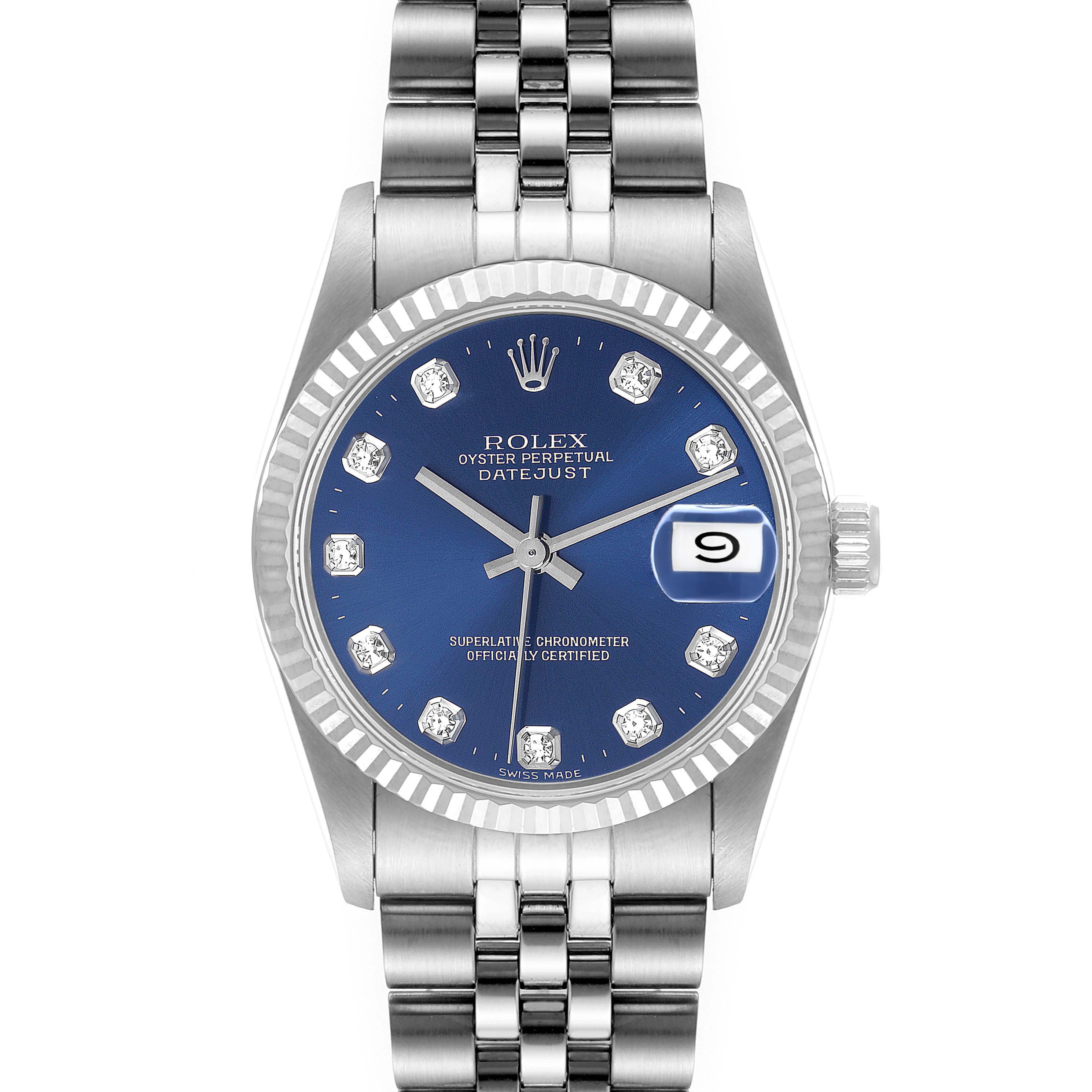 This Rolex Mid-Size 68274 Women's Stainless Steel Blue Dial 68274 Women's Stainless Steel Blue Dial Datejust watch is shown from a front angle, displaying the dial, bezel, crown, and bracelet.