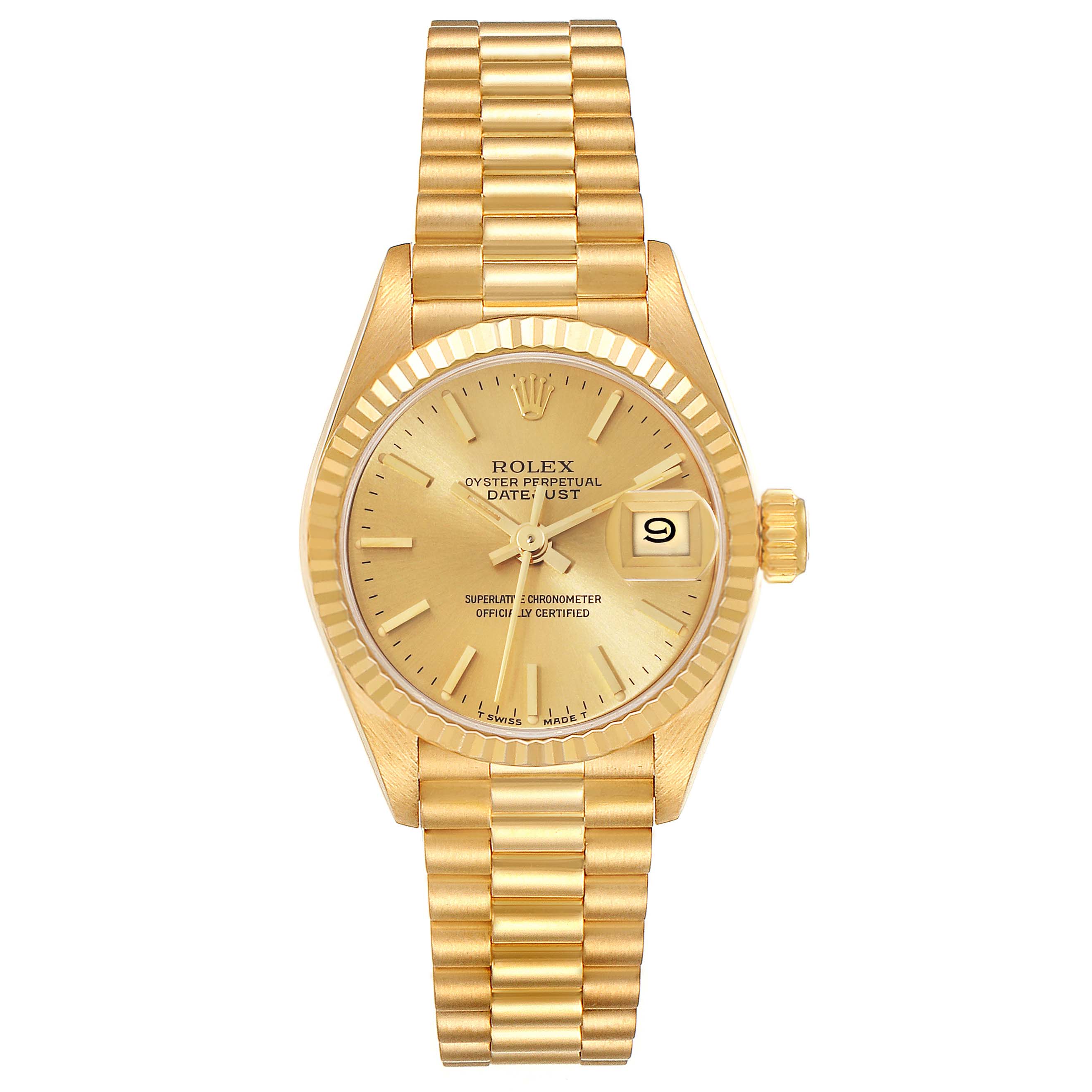 The image shows a front view of a Rolex President 69178 Women
s Yellow Gold Champagne Dial 69178 Women
s Yellow Gold Champagne Dial model watch, displaying its gold bracelet, dial, hands, and date window.