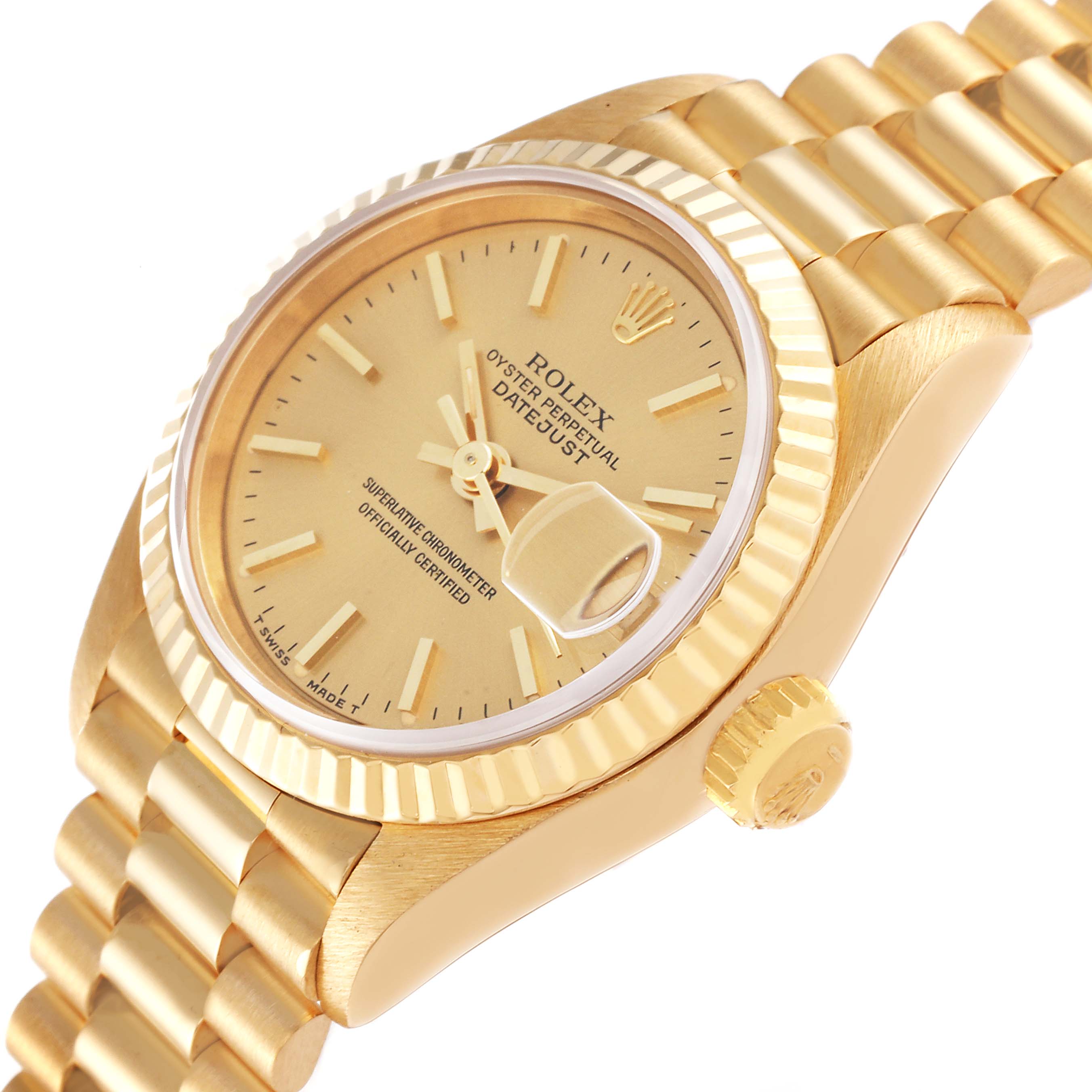 This image shows the dial, band, and crown of a Rolex President 69178 Women
s Yellow Gold Champagne Dial 69178 Women
s Yellow Gold Champagne Dial model watch from an angled perspective.