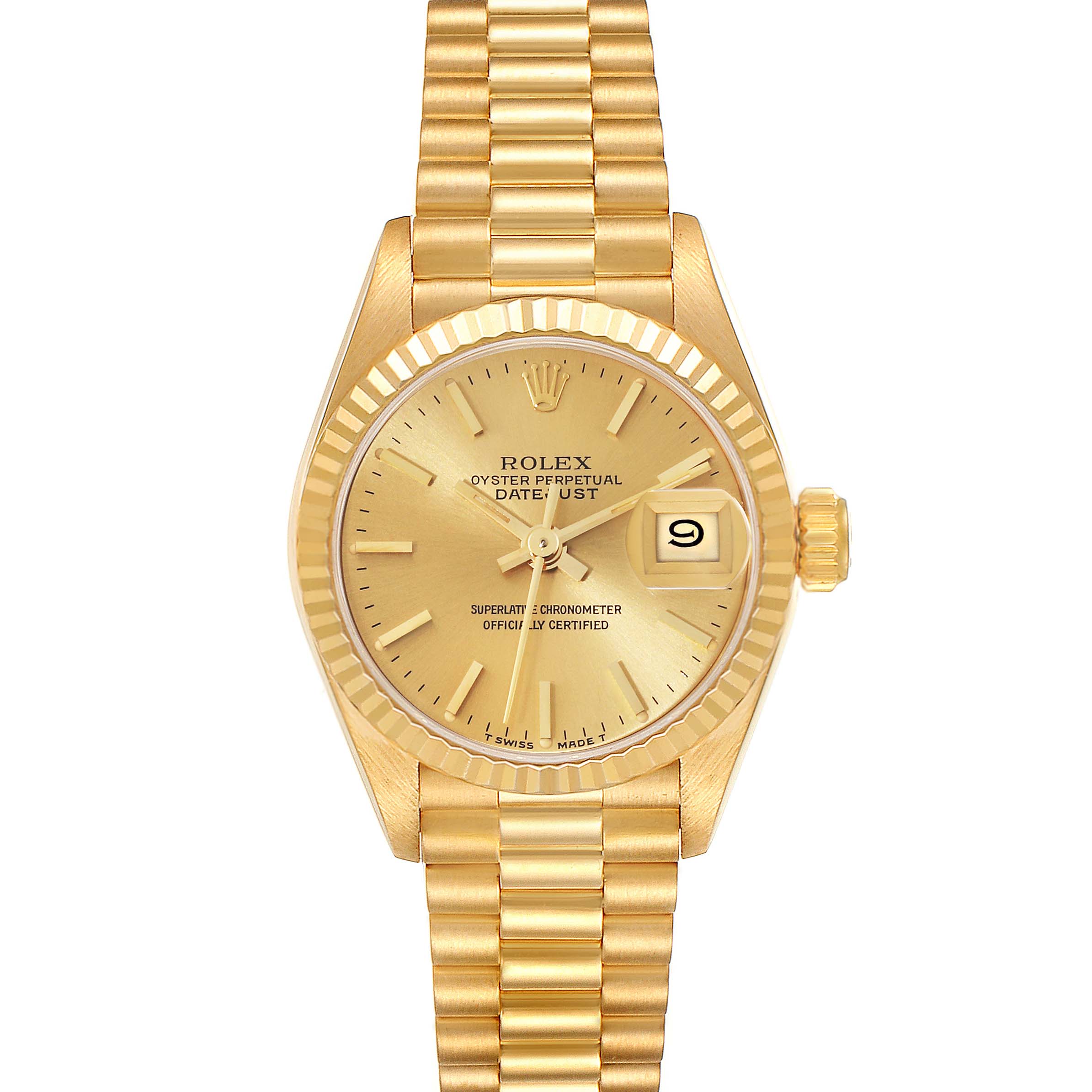 The image shows a front view of the Rolex President 69178 Women
s Yellow Gold Champagne Dial 69178 Women
s Yellow Gold Champagne Dial model watch, highlighting the dial, date window, and bracelet.