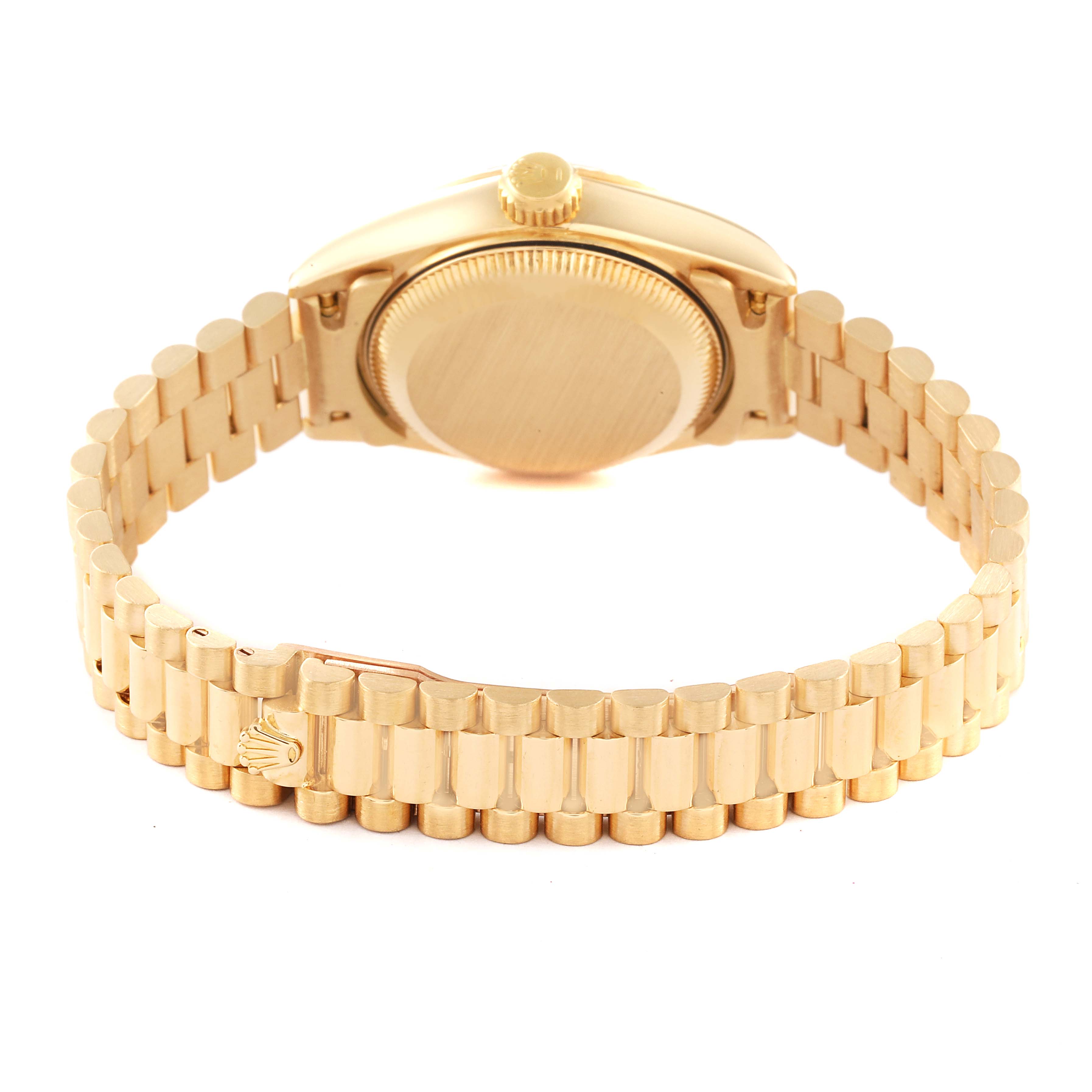 The image shows the back case and bracelet of the President model by Rolex at a slight rear angle.
