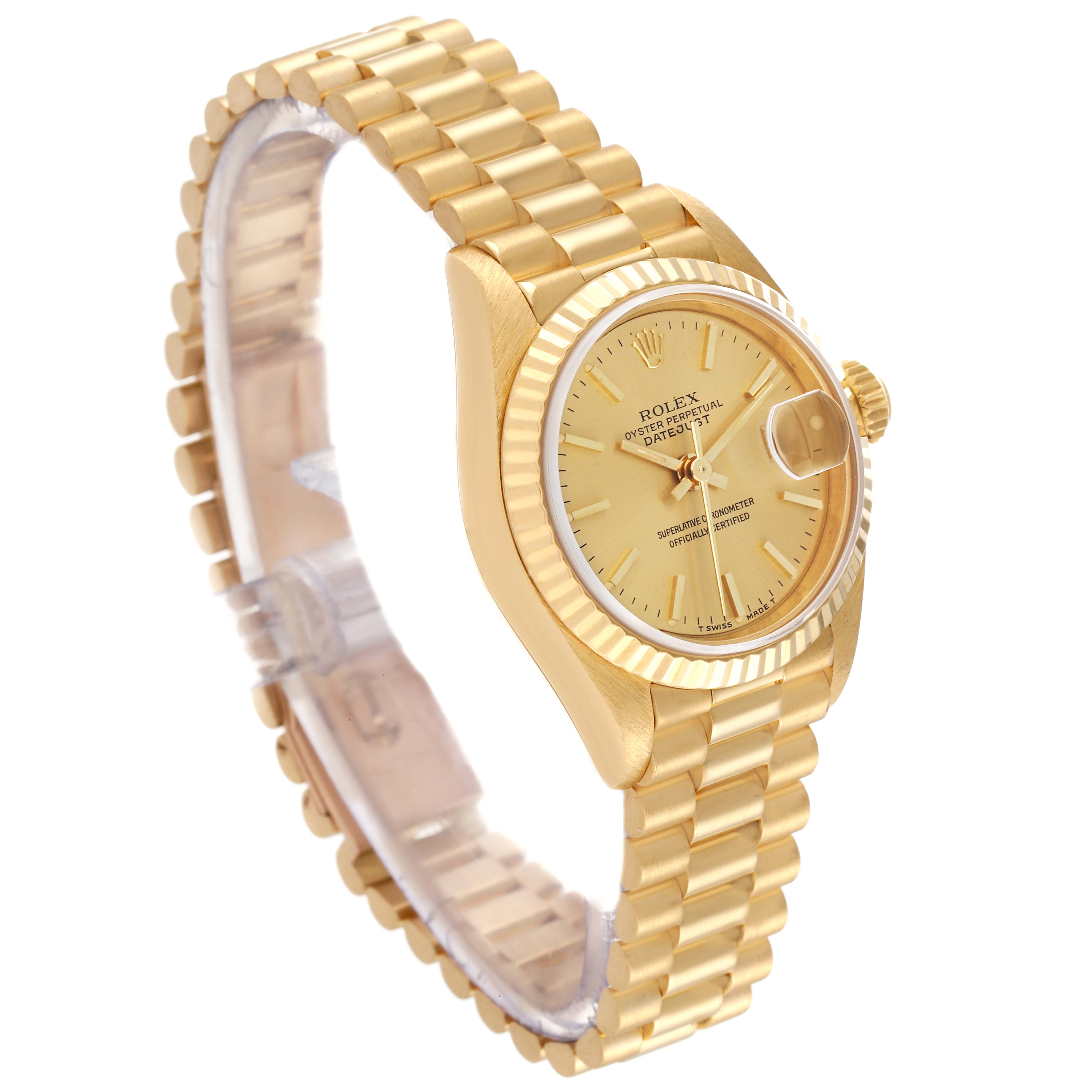 The Rolex President 69178 Women
s Yellow Gold Champagne Dial 69178 Women
s Yellow Gold Champagne Dial model watch is shown at a 3/4 angle, highlighting the face, bezel, and bracelet.