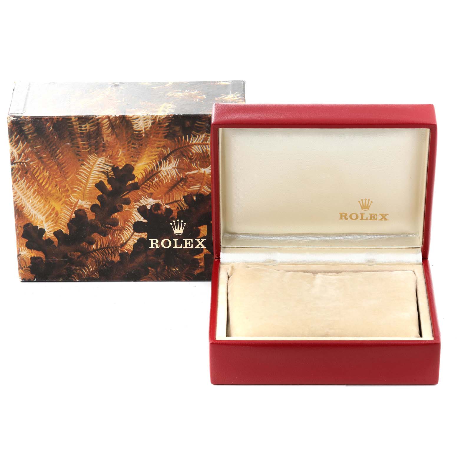 This image shows a Rolex President 69178 Women
s Yellow Gold Champagne Dial 69178 Women
s Yellow Gold Champagne Dial watch box with its outer cover at a front angle.