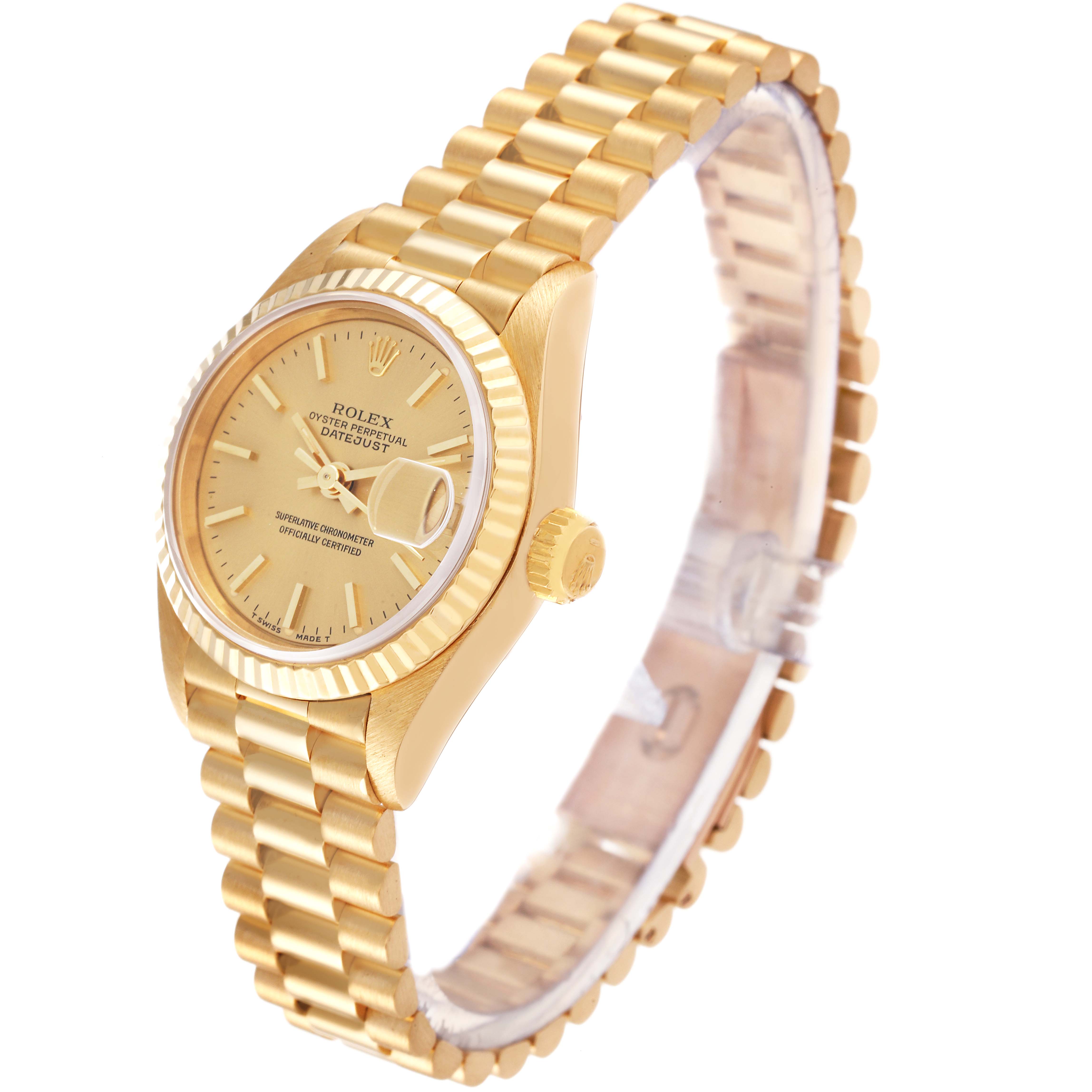 The image shows a side angle of a gold Rolex President 69178 Women
s Yellow Gold Champagne Dial 69178 Women
s Yellow Gold Champagne Dial model watch, highlighting the bracelet, crown, and face.