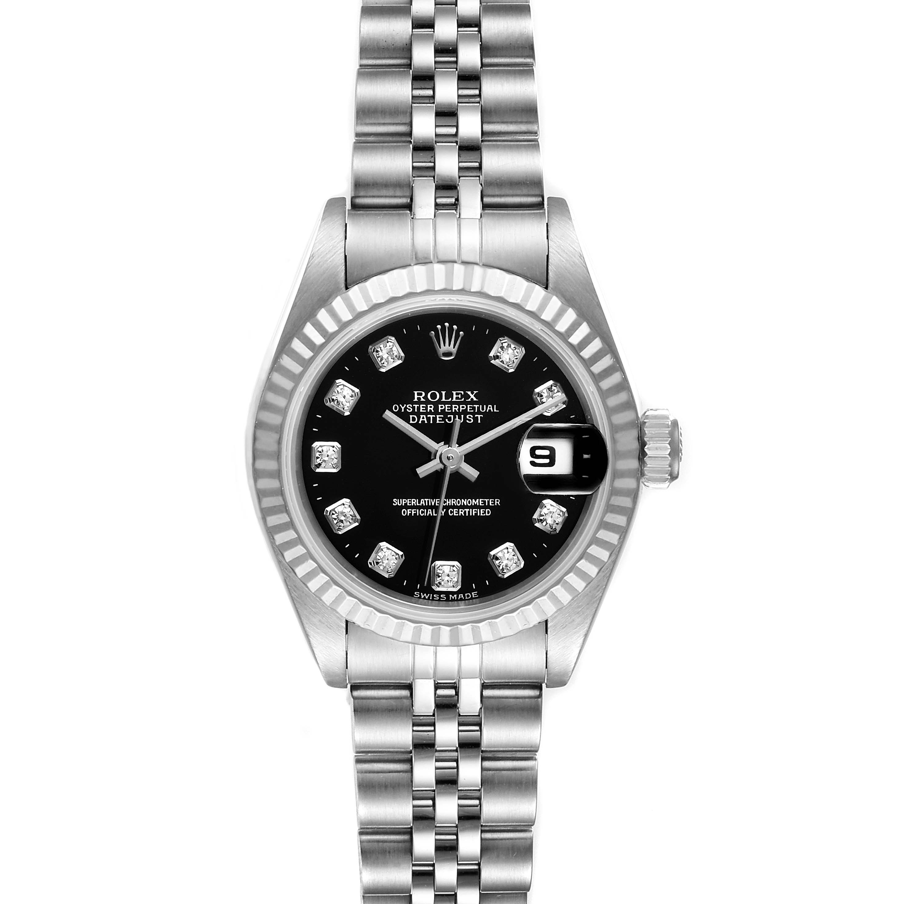 The image shows a front view of a Rolex Datejust 79174 Women's Stainless Steel Black Dial 79174 Women's Stainless Steel Black Dial watch, displaying its face, bezel, crown, and part of the metal bracelet.