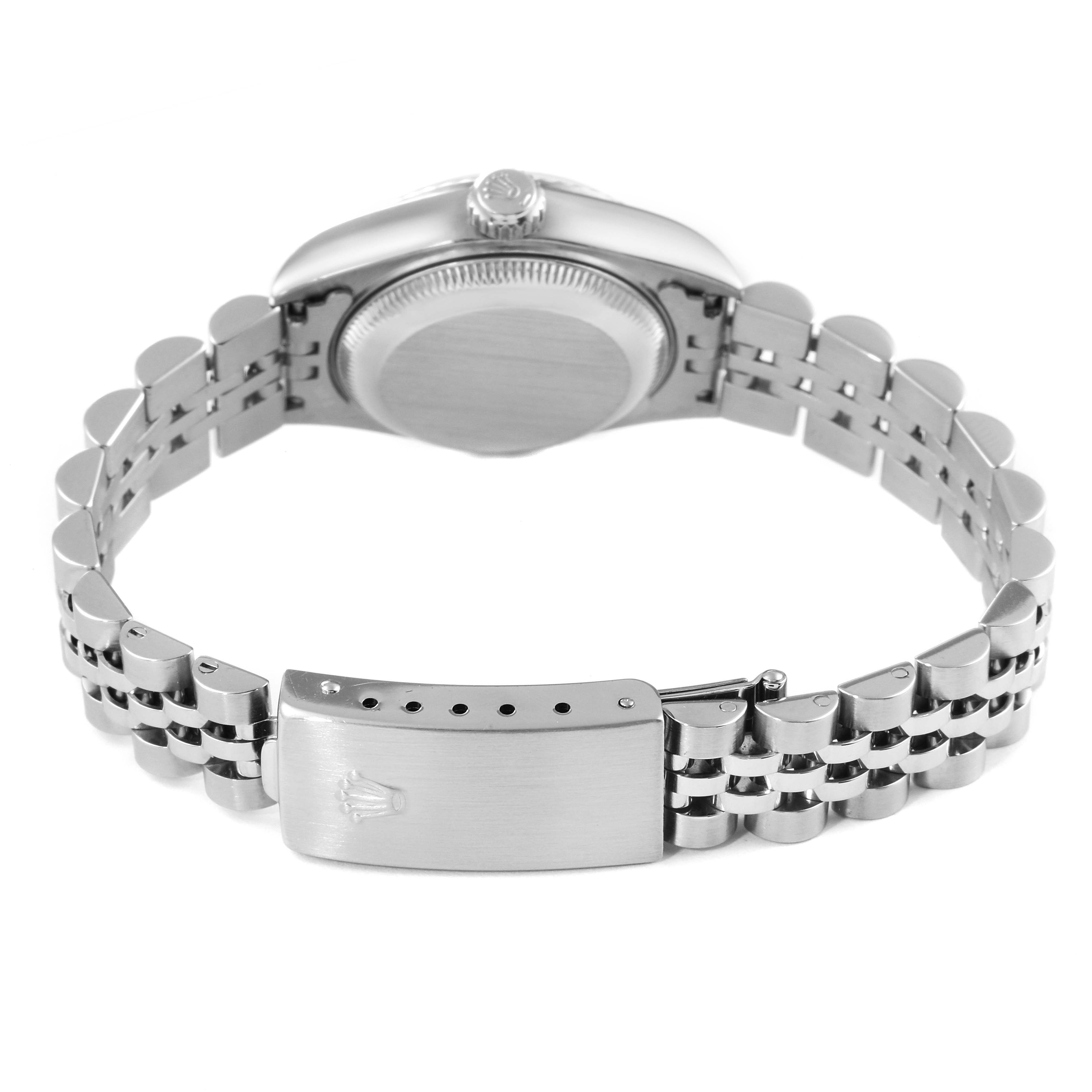 This image shows the back view of a Rolex Datejust 79174 Women's Stainless Steel Black Dial 79174 Women's Stainless Steel Black Dial watch, highlighting the bracelet and clasp.