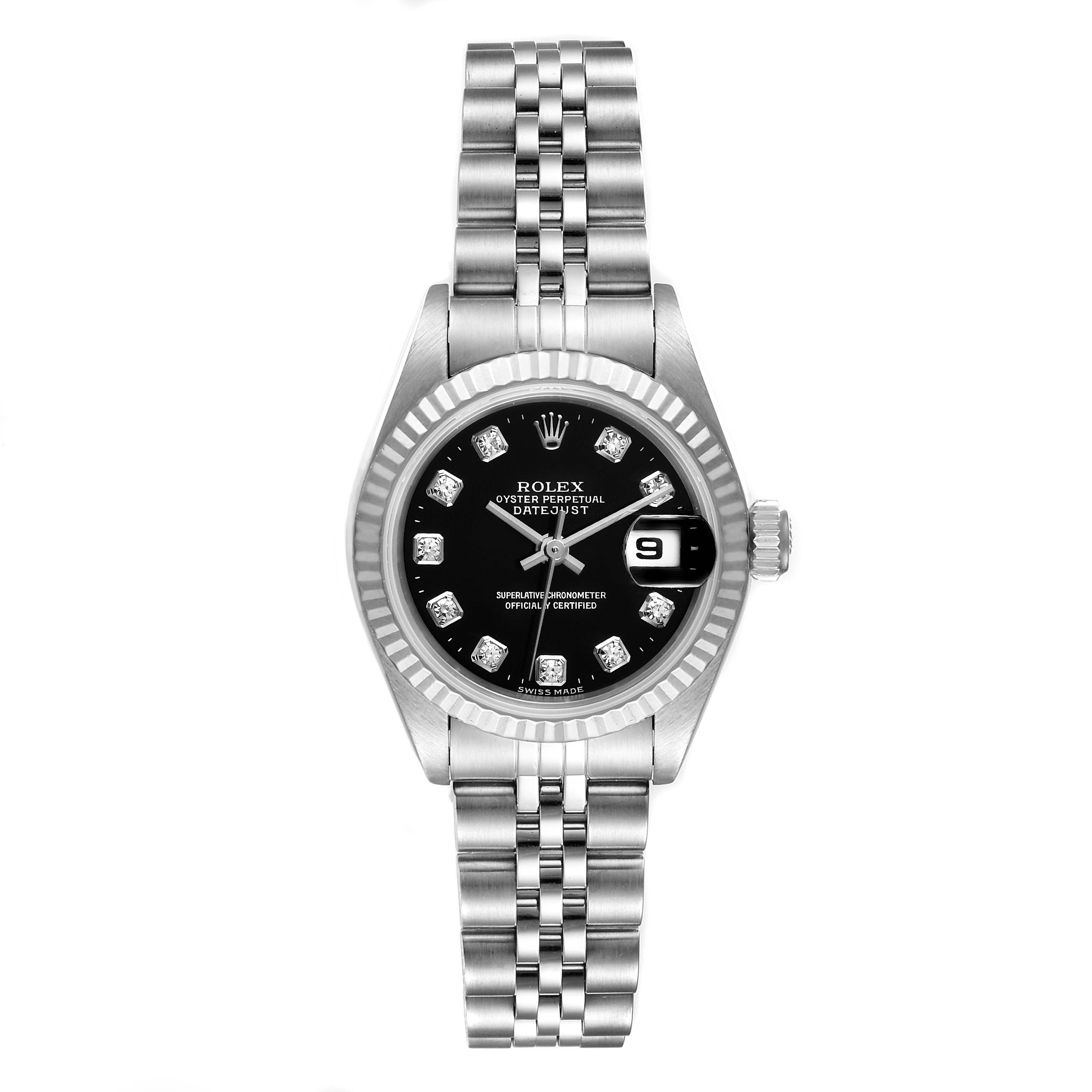 The image shows a front view of a Rolex Datejust 79174 Women's Stainless Steel Black Dial 79174 Women's Stainless Steel Black Dial watch, featuring the face, bezel, crown, and bracelet.