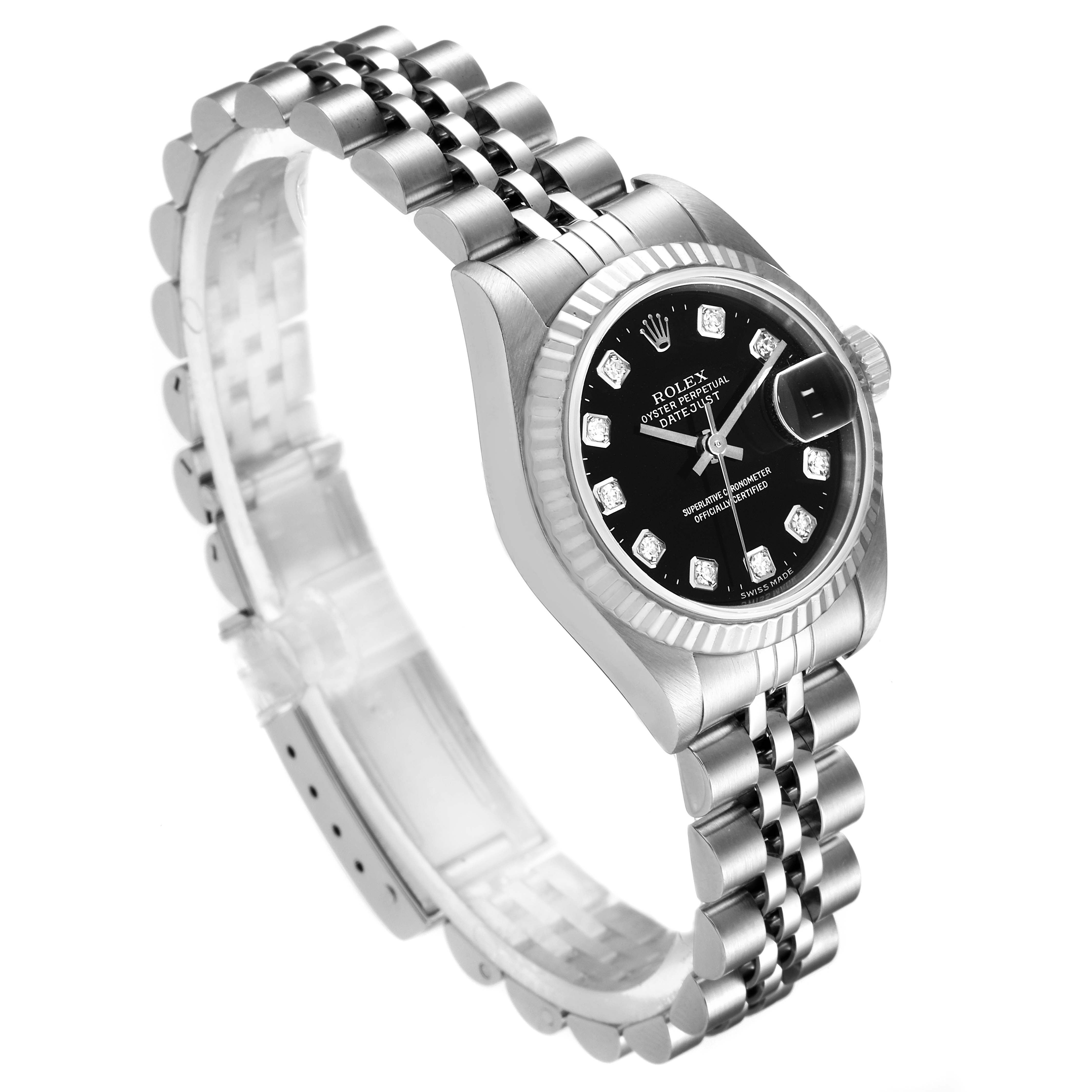 The image shows a Rolex Datejust 79174 Women's Stainless Steel Black Dial 79174 Women's Stainless Steel Black Dial watch at an angle highlighting its dial, bezel, crown, and Jubilee bracelet.