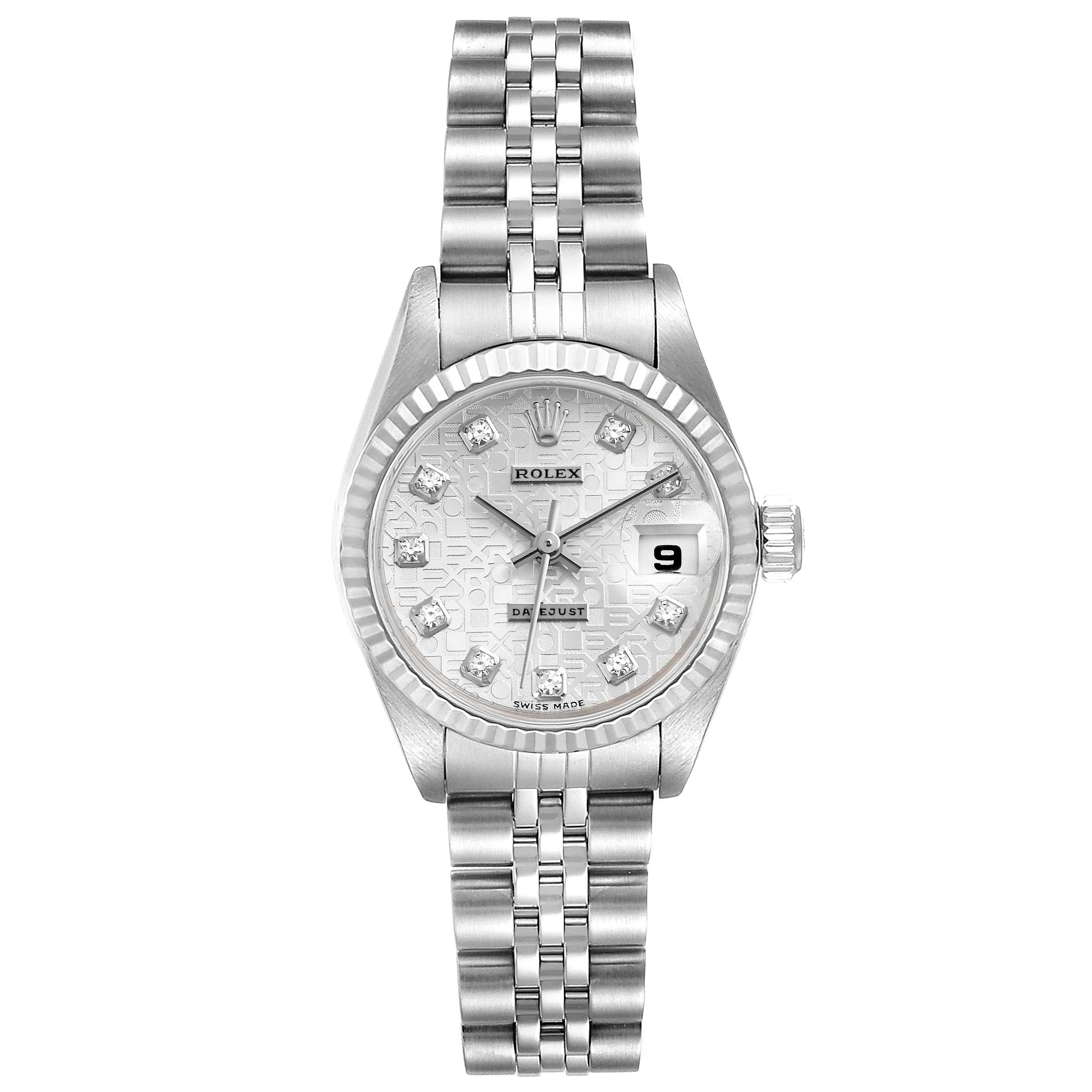 The Rolex Datejust 79174 Women's Stainless Steel Silver Dial 79174 Women's Stainless Steel Silver Dial watch is shown from a top-down angle, displaying its face, bracelet, and case.