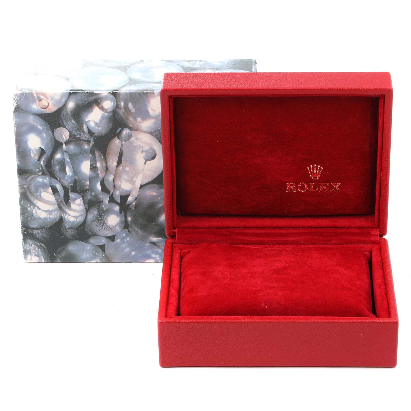 The image shows the opened red velvet-lined box and outer packaging for a Rolex Datejust 79174 Women's Stainless Steel Silver Dial 79174 Women's Stainless Steel Silver Dial watch.
