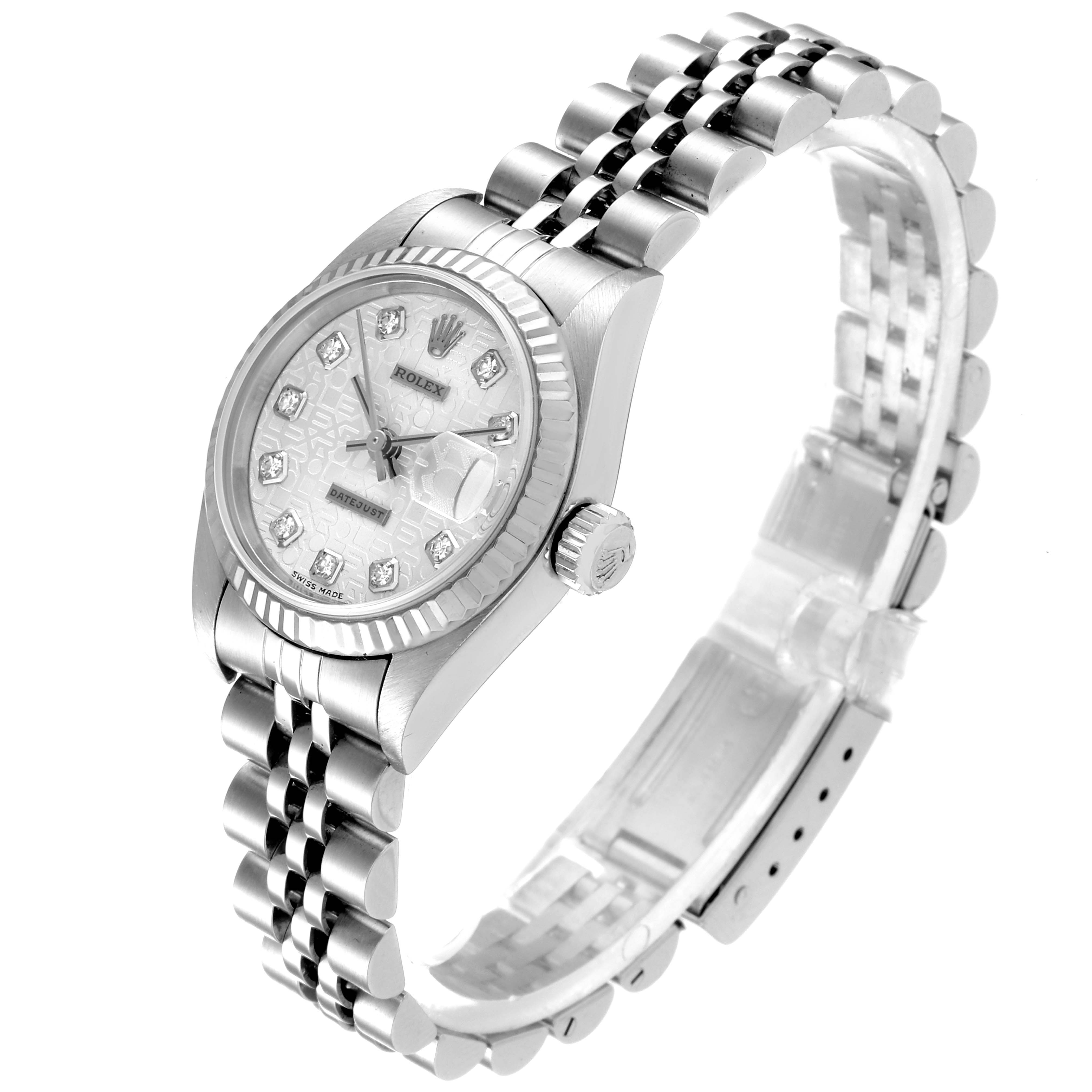 The image shows a Rolex Datejust 79174 Women's Stainless Steel Silver Dial 79174 Women's Stainless Steel Silver Dial watch angled from the top-left, focusing on its dial, bezel, crown, and Jubilee bracelet.