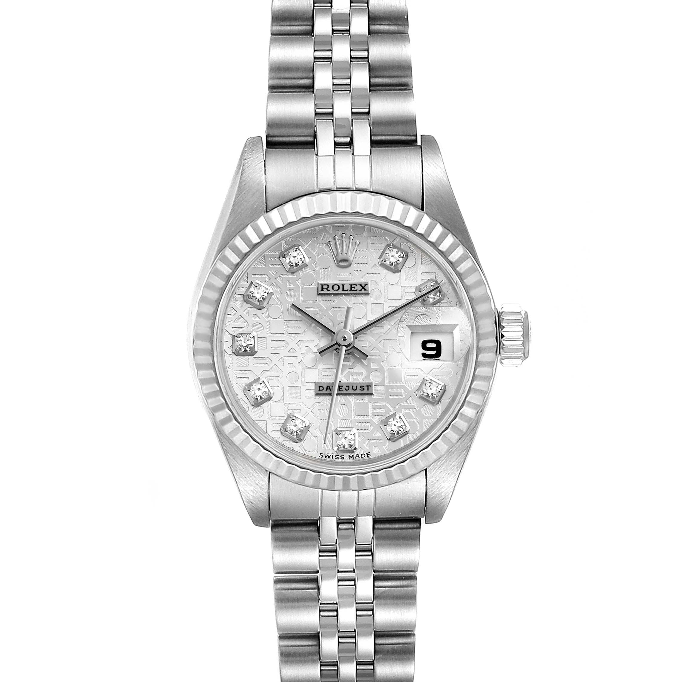 This Rolex Datejust 79174 Women's Stainless Steel Silver Dial 79174 Women's Stainless Steel Silver Dial watch is shown from a front-facing angle, displaying its dial, bezel, and bracelet.