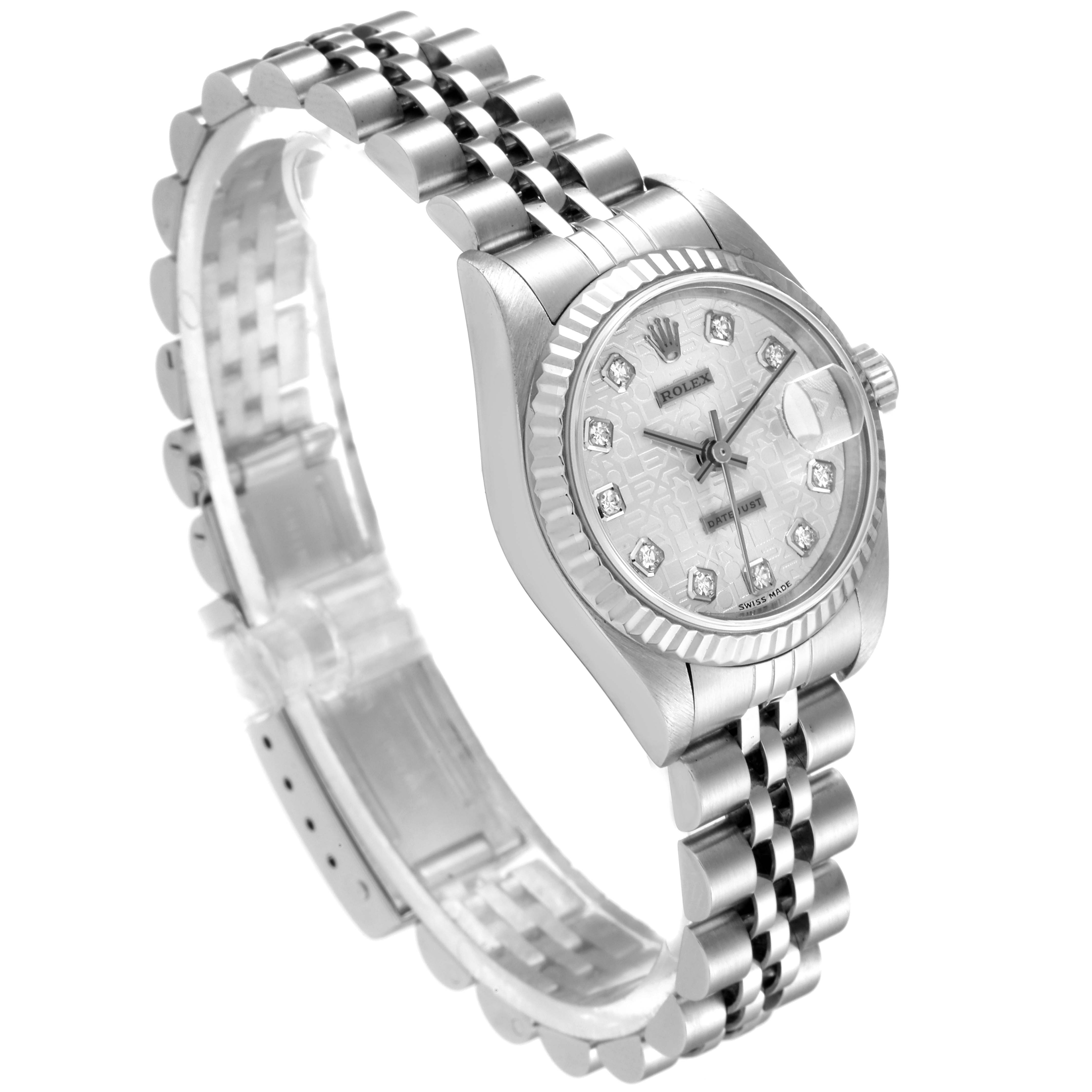 This Rolex Datejust 79174 Women's Stainless Steel Silver Dial 79174 Women's Stainless Steel Silver Dial watch is displayed at an angle showing the face, case, and bracelet.