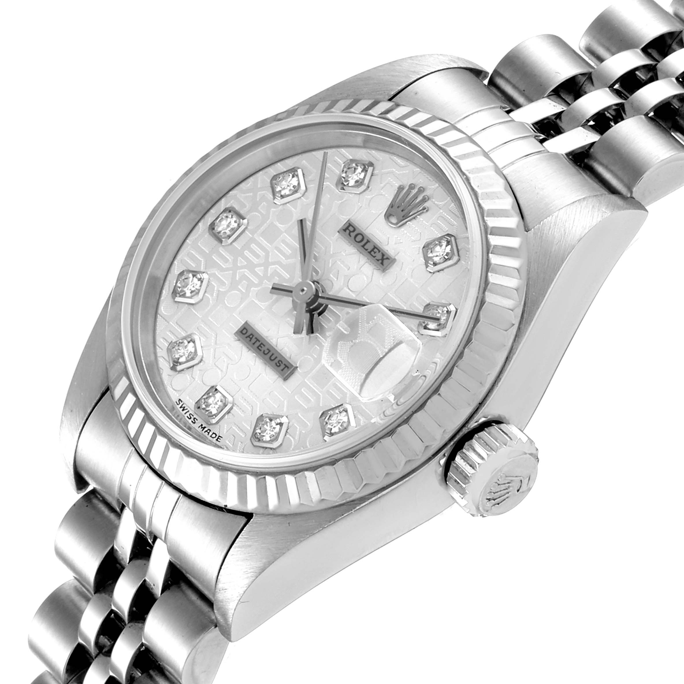 This image shows a close-up angled view of the Rolex Datejust 79174 Women's Stainless Steel Silver Dial 79174 Women's Stainless Steel Silver Dial watch displaying its face, crown, and part of the band.