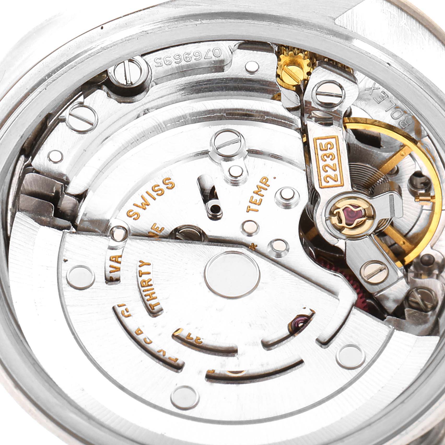 This image shows a top-down view of the movement and internal components of a Rolex Datejust 79174 Women's Stainless Steel Silver Dial 79174 Women's Stainless Steel Silver Dial watch.