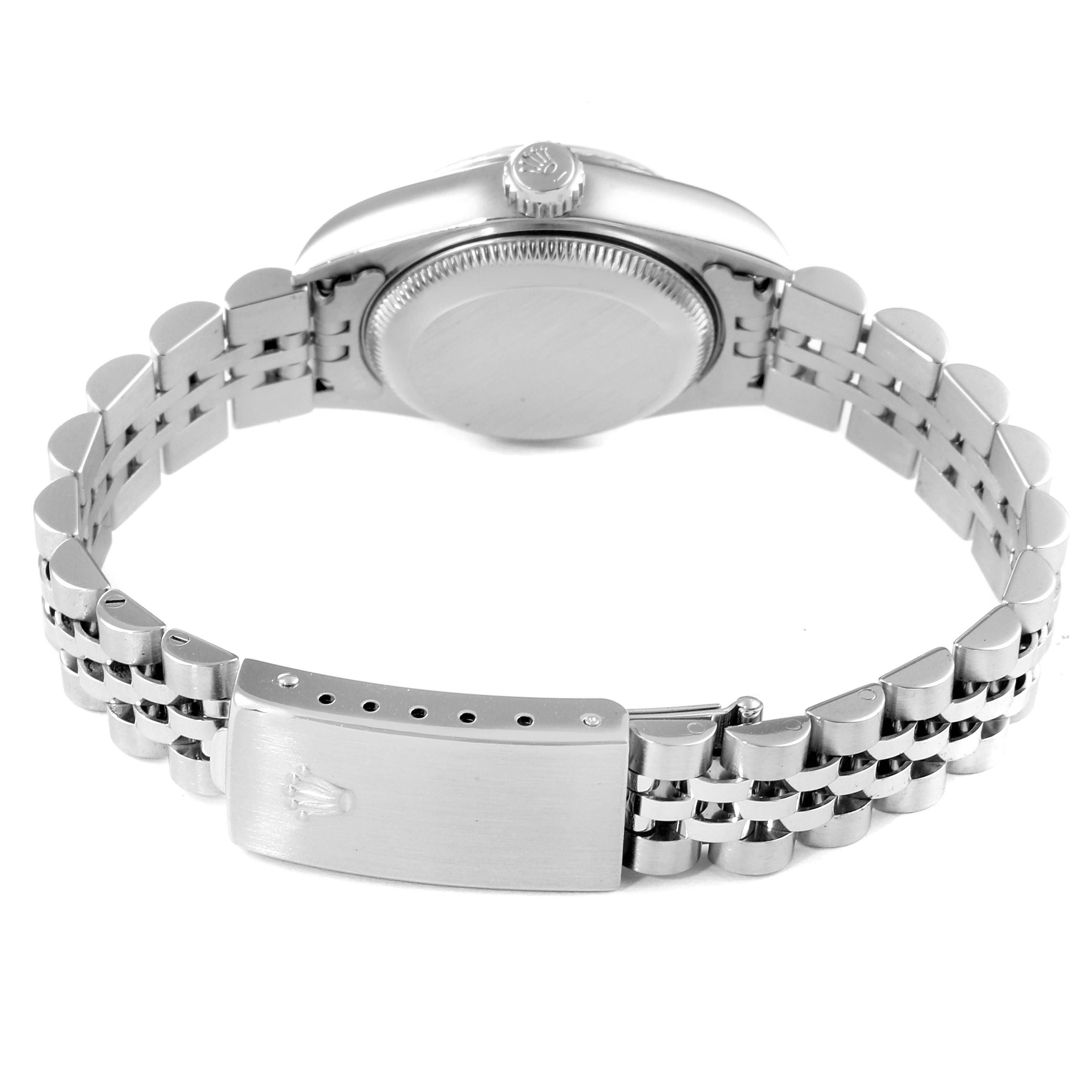 This image shows the back case and Jubilee bracelet with clasp of a Rolex Datejust 79174 Women's Stainless Steel Silver Dial 79174 Women's Stainless Steel Silver Dial watch.