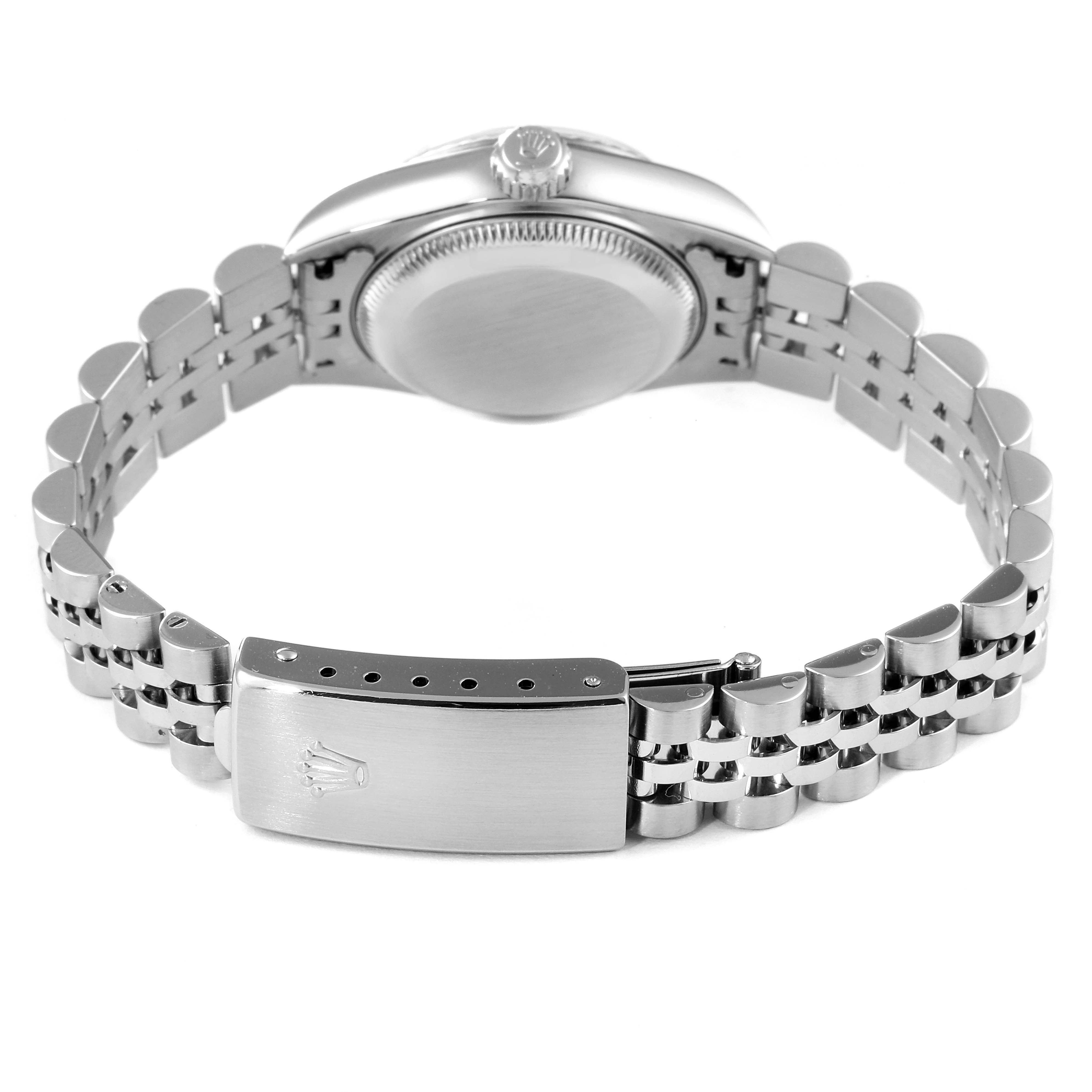 This image shows the backside of the Rolex Datejust 79174 Women's Stainless Steel White Dial 79174 Women's Stainless Steel White Dial watch, focusing on the clasp and bracelet.
