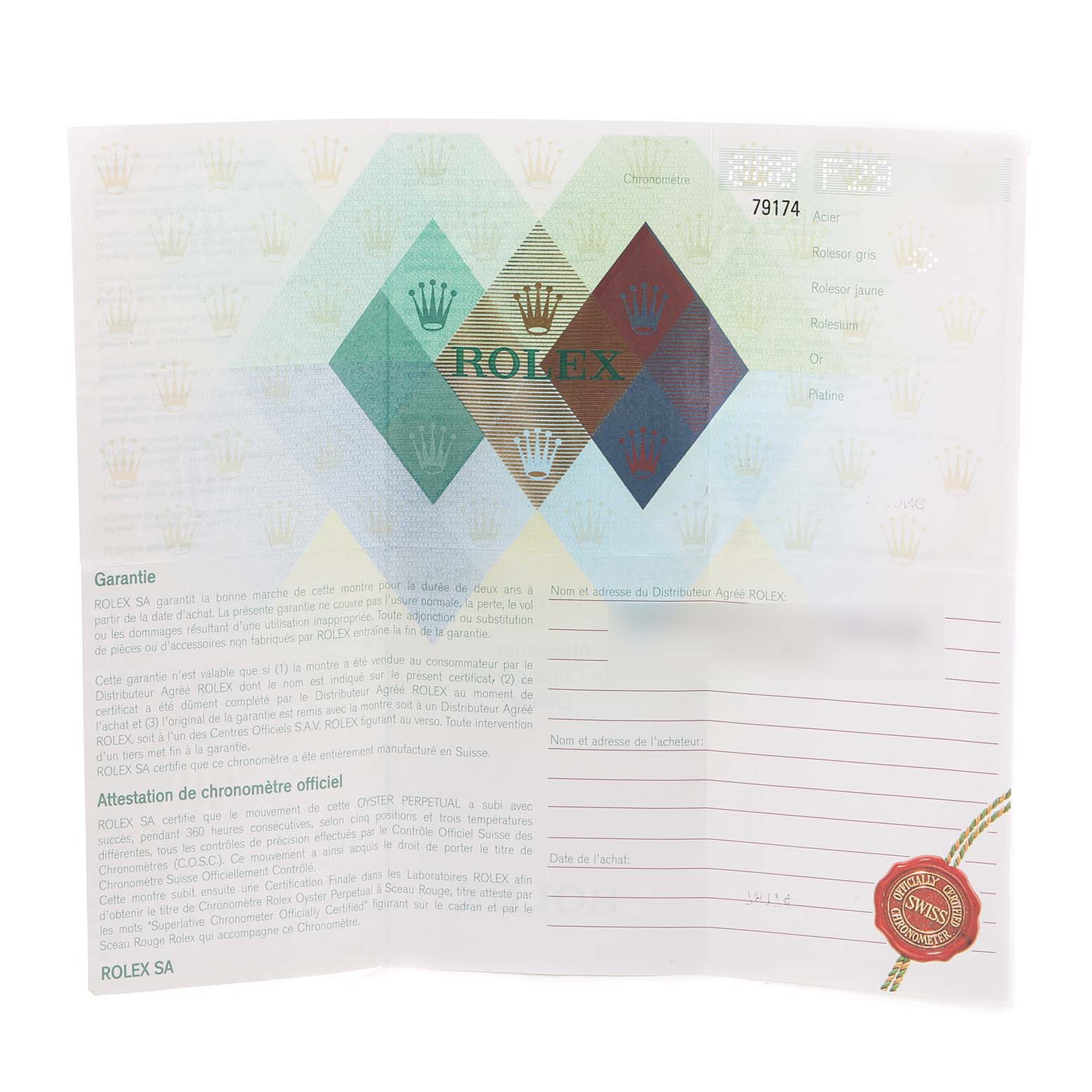 This image shows the guarantee booklet included with the Rolex Datejust 79174 Women's Stainless Steel White Dial 79174 Women's Stainless Steel White Dial model.