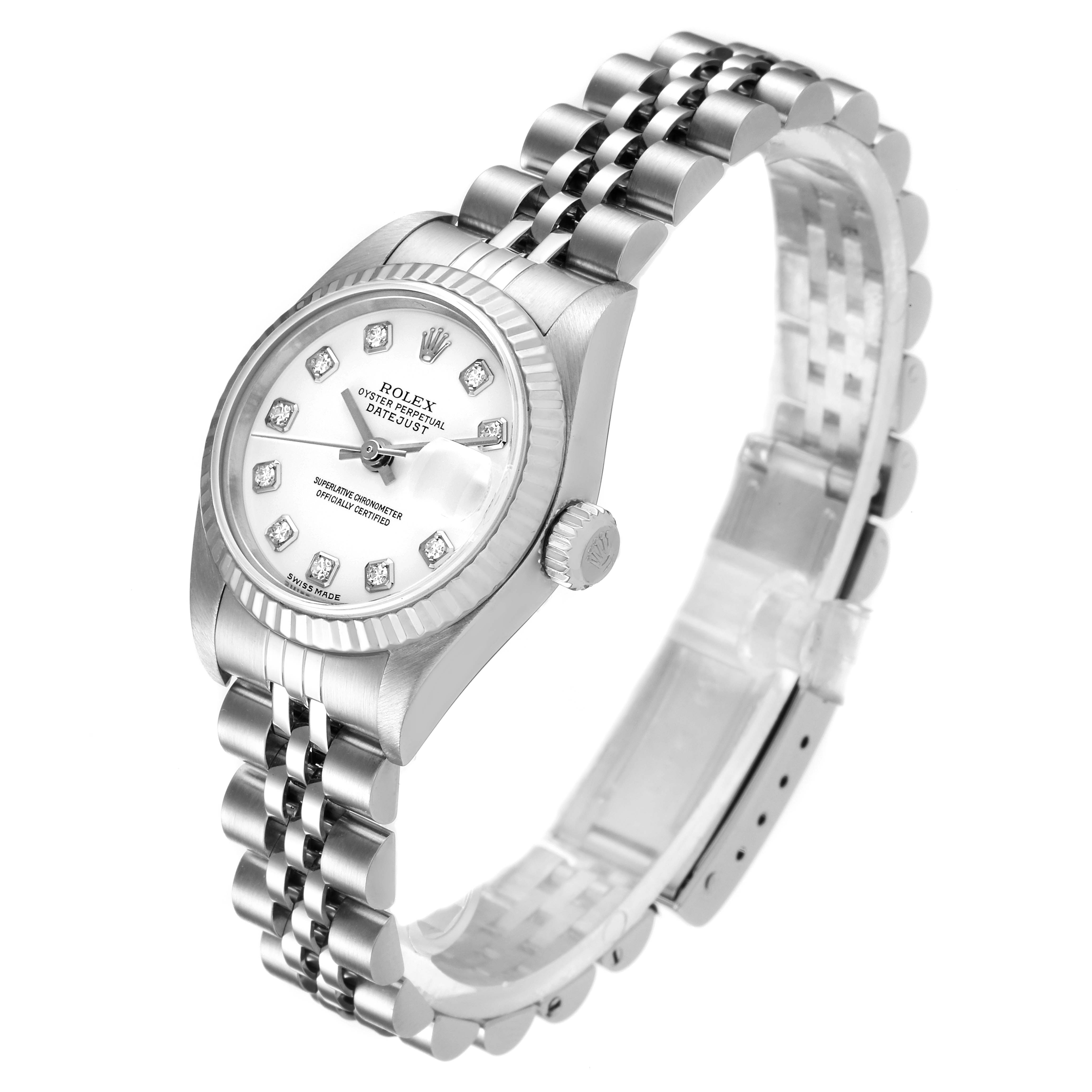 The image shows a Rolex Datejust 79174 Women's Stainless Steel White Dial 79174 Women's Stainless Steel White Dial watch from a three-quarter angle displaying the face, fluted bezel, crown, and jubilee bracelet.