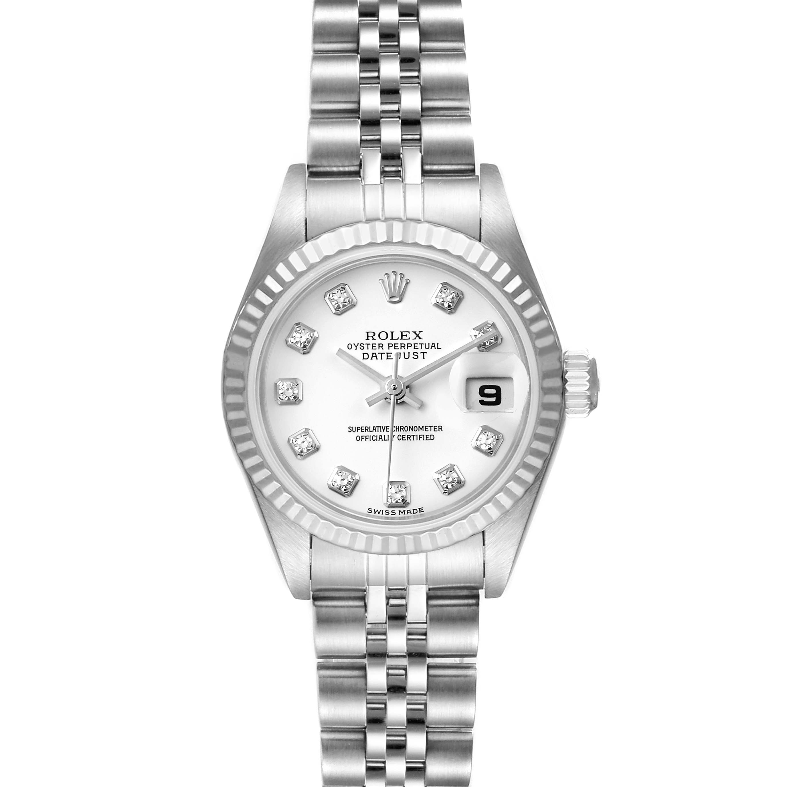 The image shows a front view of a Rolex Datejust 79174 Women's Stainless Steel White Dial 79174 Women's Stainless Steel White Dial watch, displaying the dial, bezel, and bracelet.