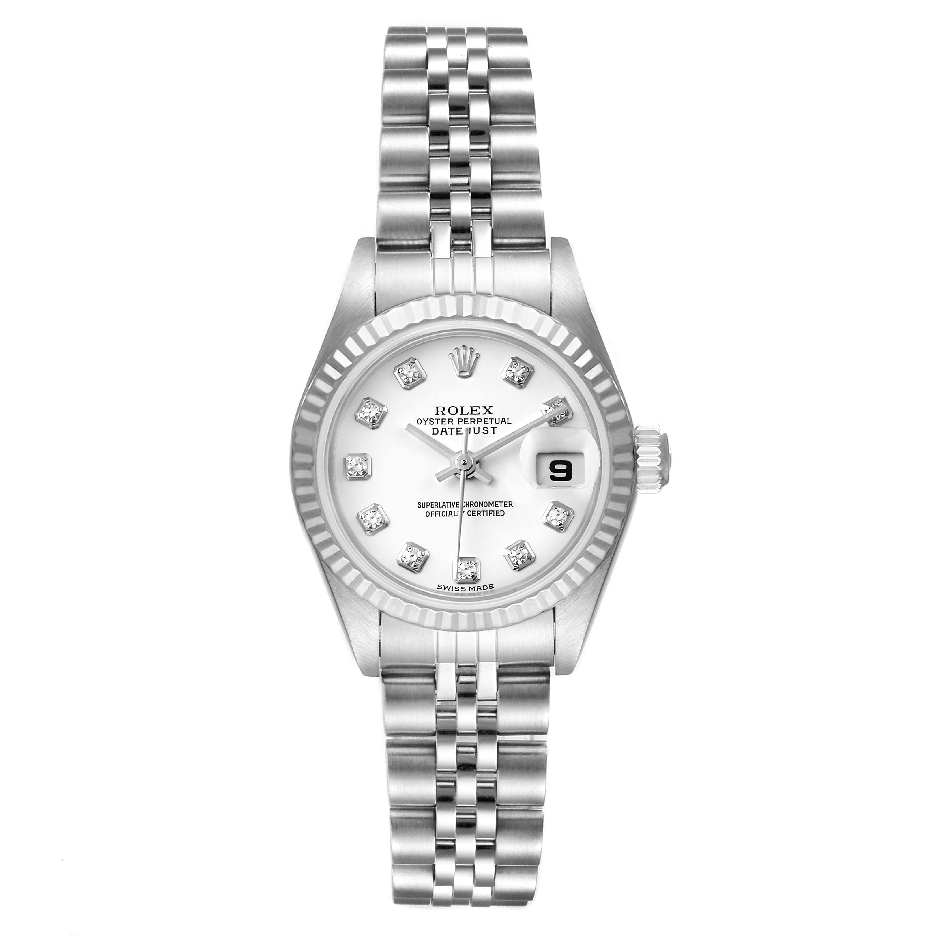 This image shows a top-down view of a Rolex Datejust 79174 Women's Stainless Steel White Dial 79174 Women's Stainless Steel White Dial watch, highlighting the dial, bracelet, and crown.