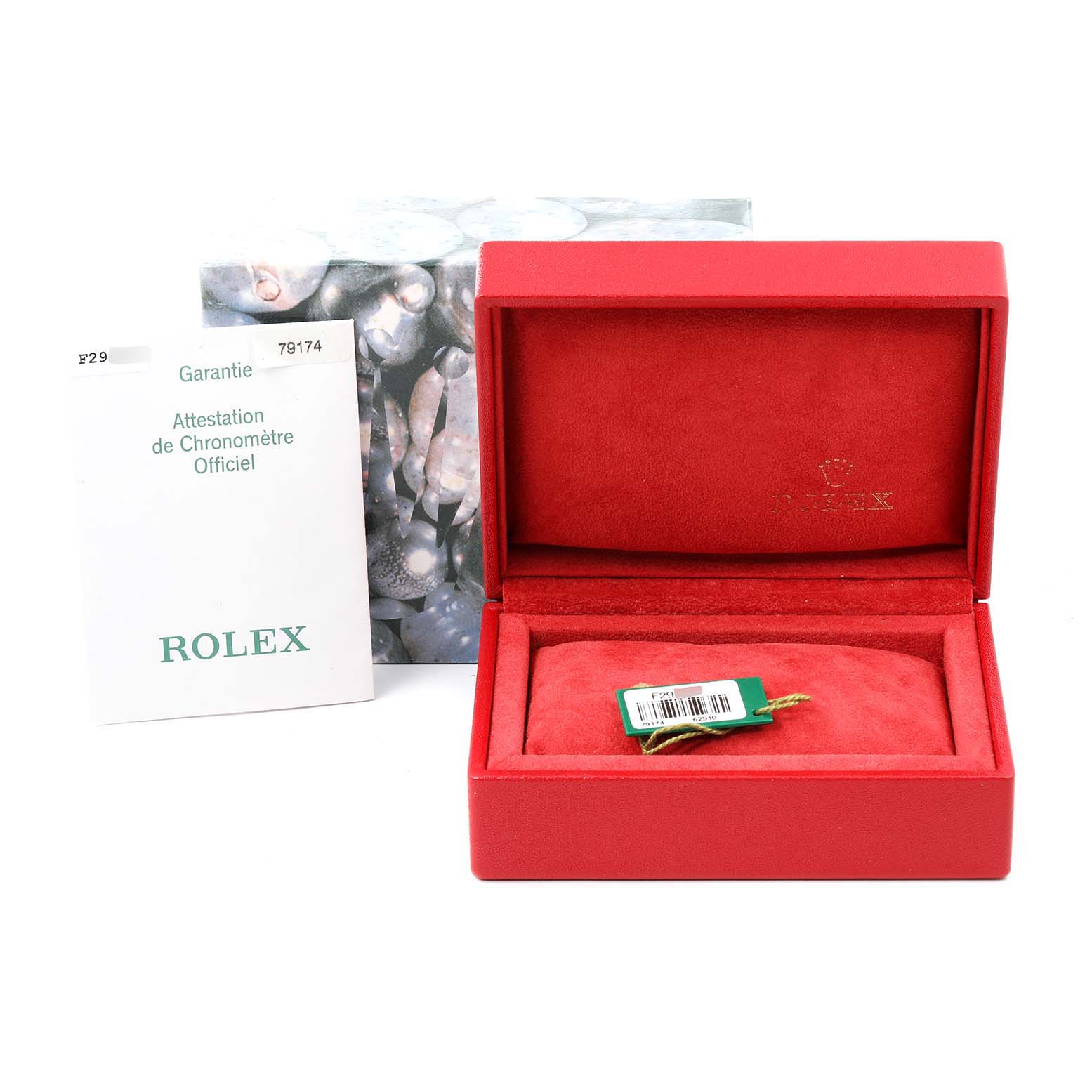 The image shows an open red case and official documents for a Rolex Datejust 79174 Women's Stainless Steel White Dial 79174 Women's Stainless Steel White Dial model watch.