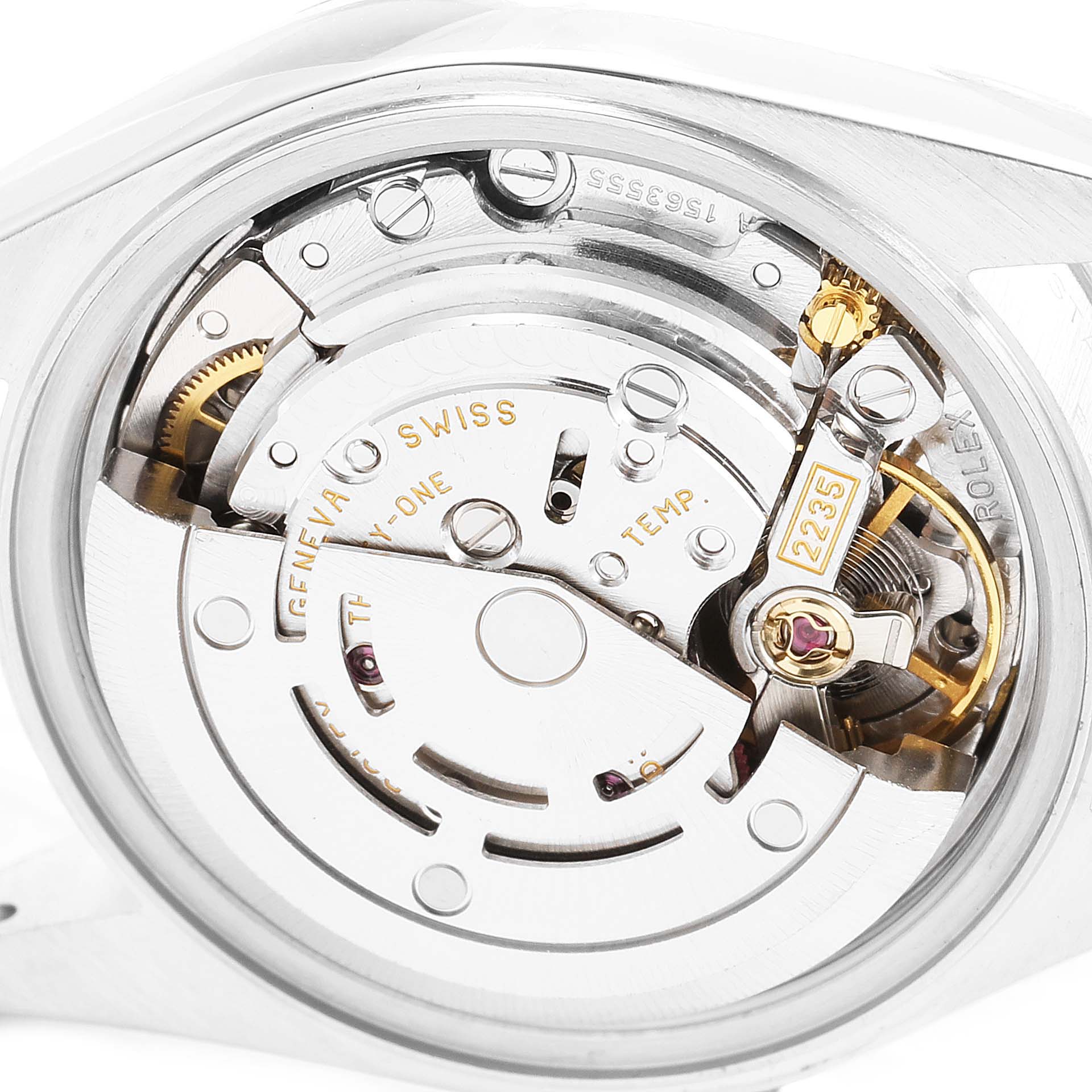 This image shows the movement and intricate inner workings of the Rolex Datejust 79174 Women's Stainless Steel White Dial 79174 Women's Stainless Steel White Dial watch from a close-up angle.