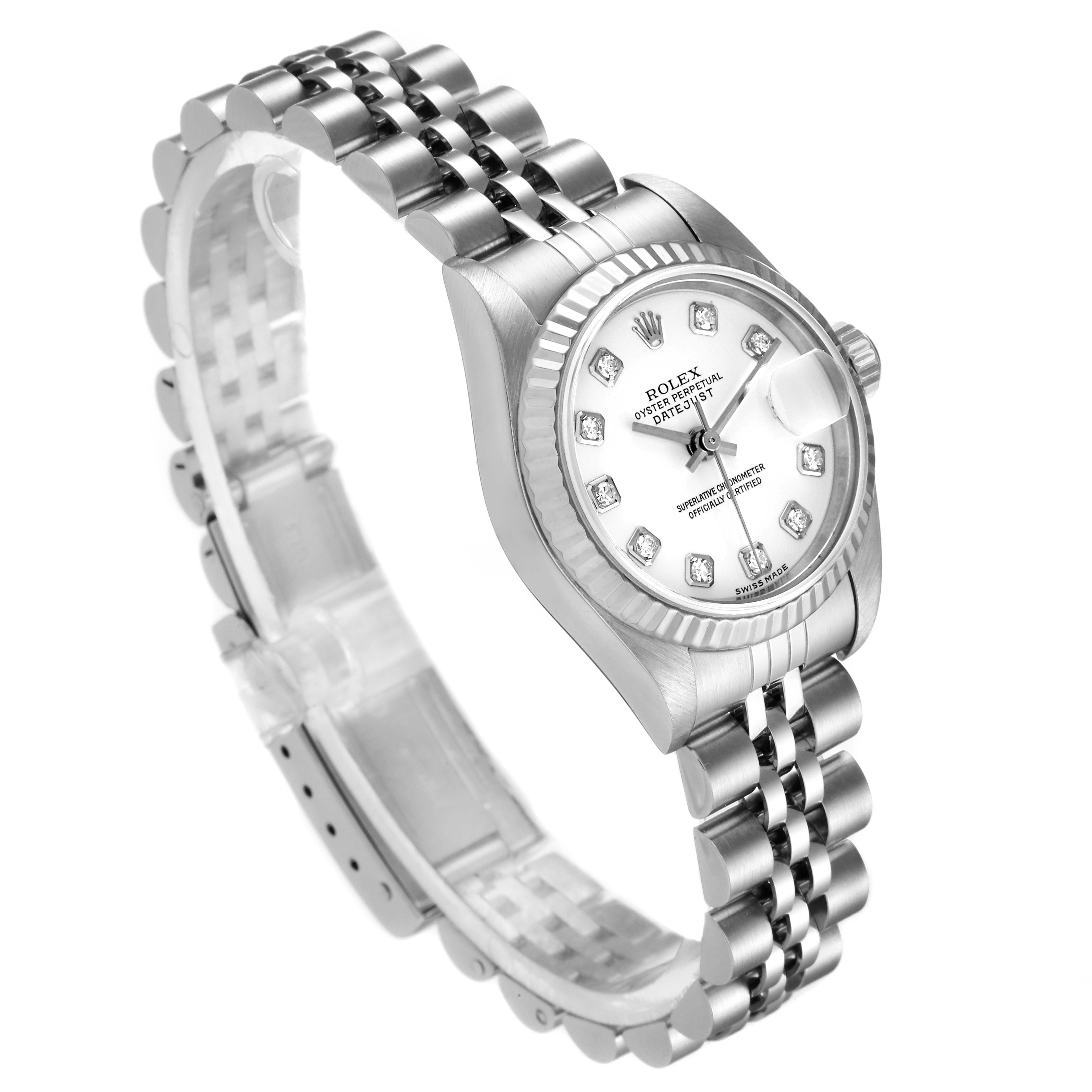 This image shows a Rolex Datejust 79174 Women's Stainless Steel White Dial 79174 Women's Stainless Steel White Dial watch at a slight angle, focusing on the face, bezel, and bracelet.