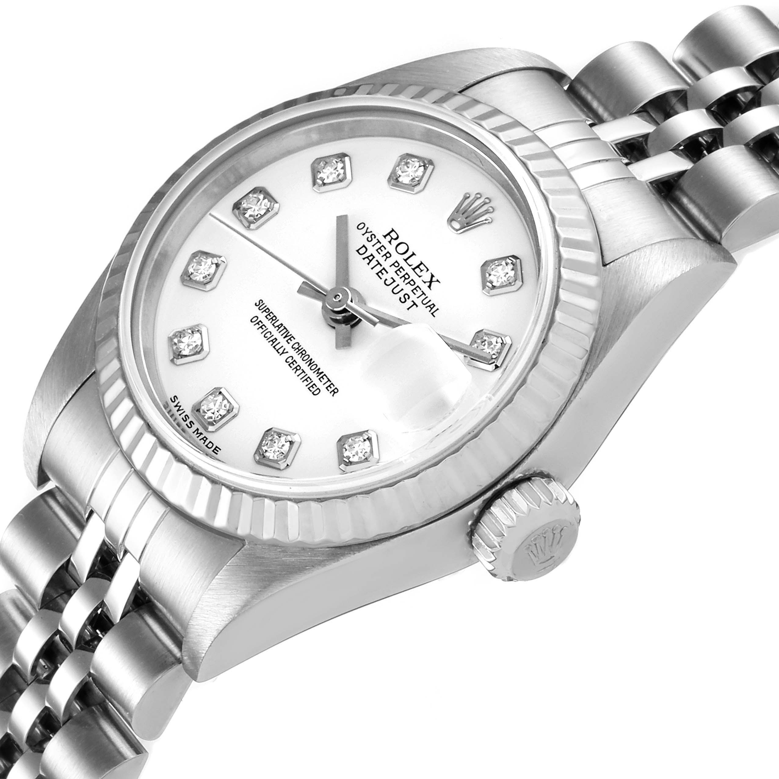 This image shows a close-up angled view of a Rolex Datejust 79174 Women's Stainless Steel White Dial 79174 Women's Stainless Steel White Dial watch, highlighting the dial, bezel, crown, and part of the bracelet.