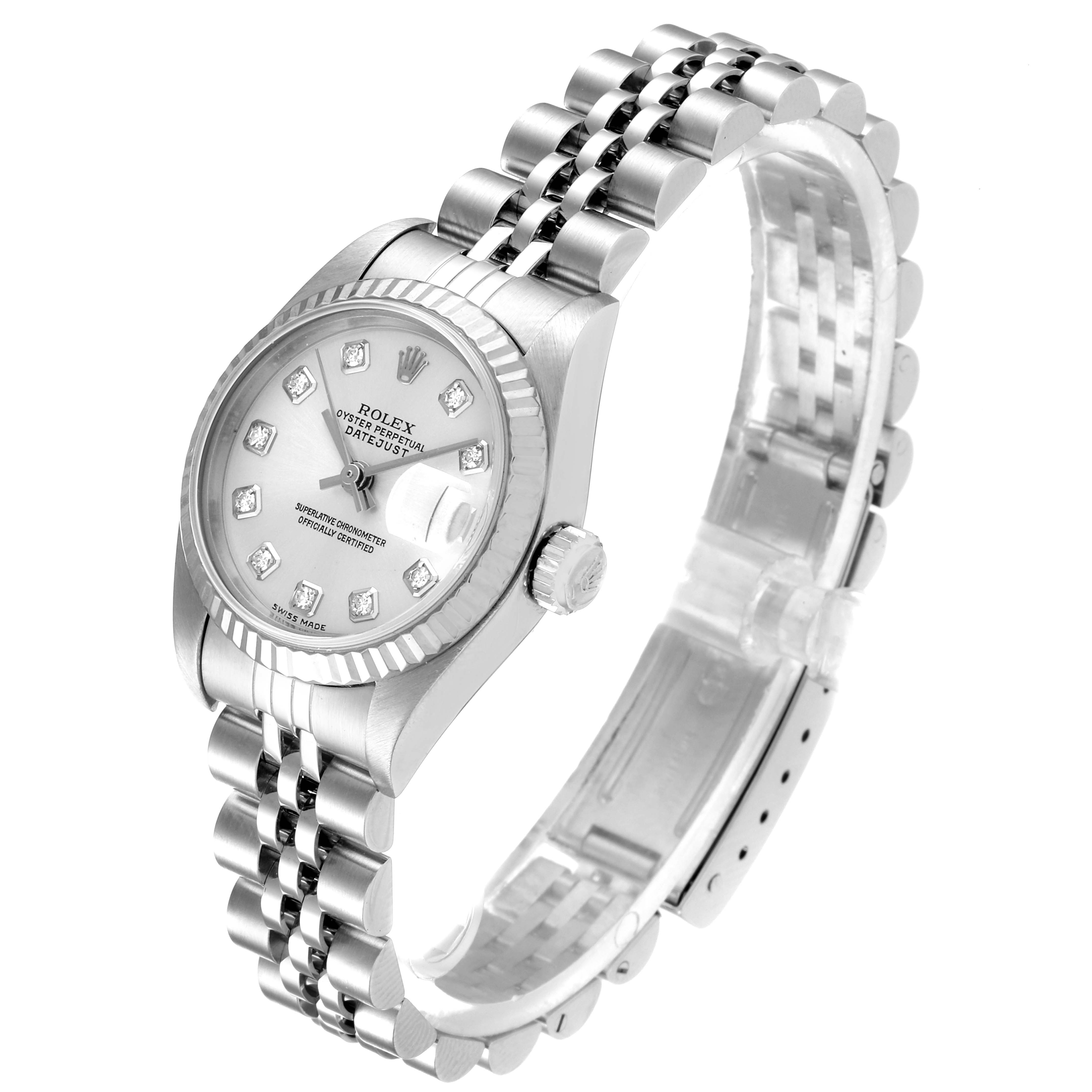 The Rolex Datejust 79174 Women's Stainless Steel Silver Dial 79174 Women's Stainless Steel Silver Dial watch is shown at an angle focusing on the face, bracelet, and crown.