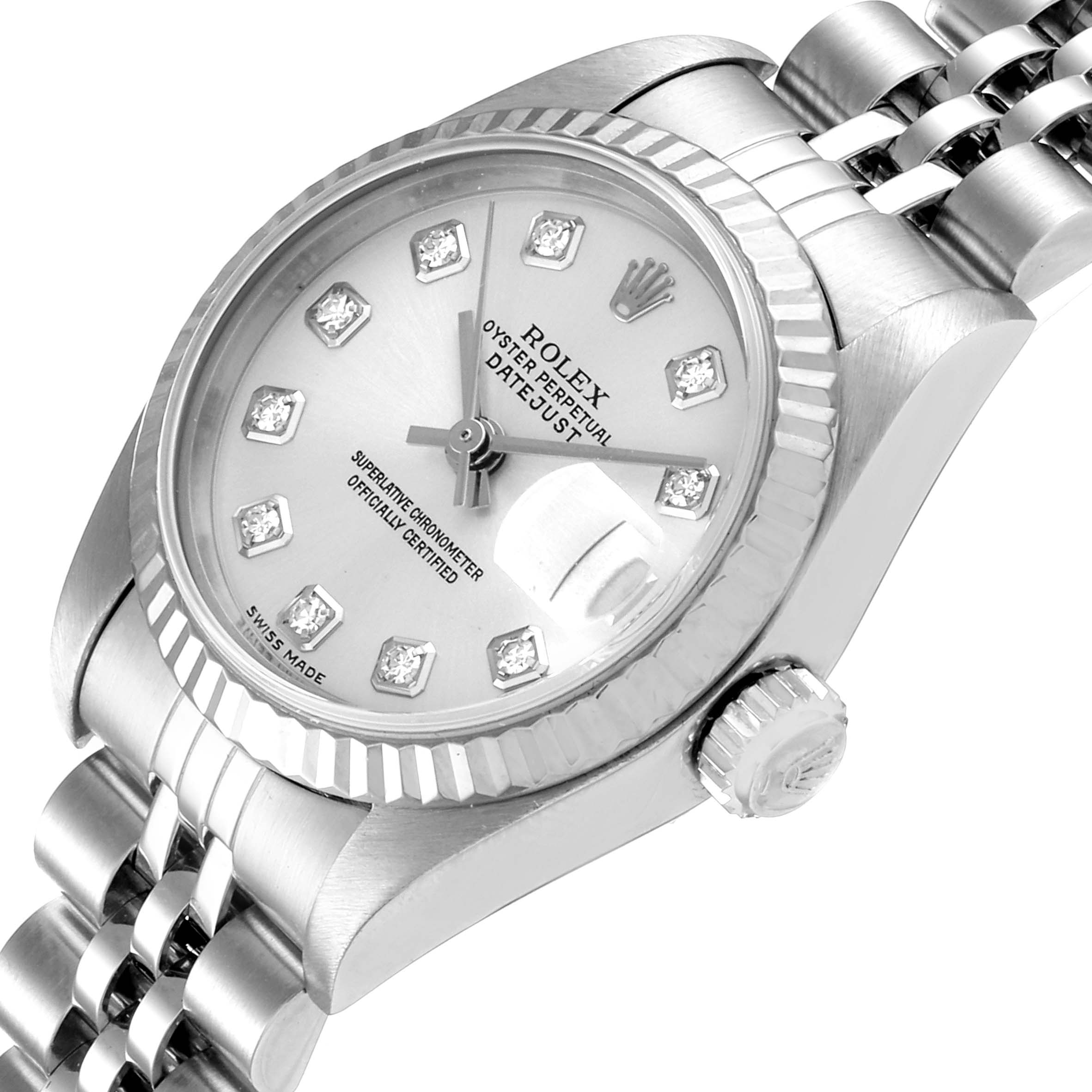The image shows a Rolex Datejust 79174 Women's Stainless Steel Silver Dial 79174 Women's Stainless Steel Silver Dial watch at an angle highlighting the dial, bezel, crown, and a section of the bracelet.