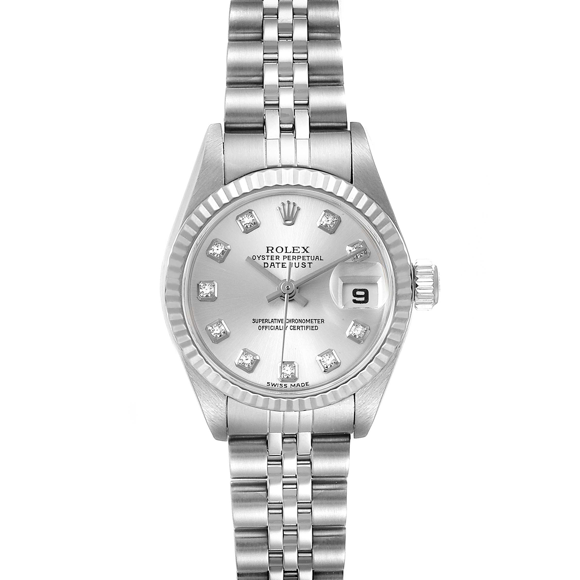 The image shows a front view of the Rolex Datejust 79174 Women's Stainless Steel Silver Dial 79174 Women's Stainless Steel Silver Dial watch, highlighting its dial, bezel, crown, and bracelet.