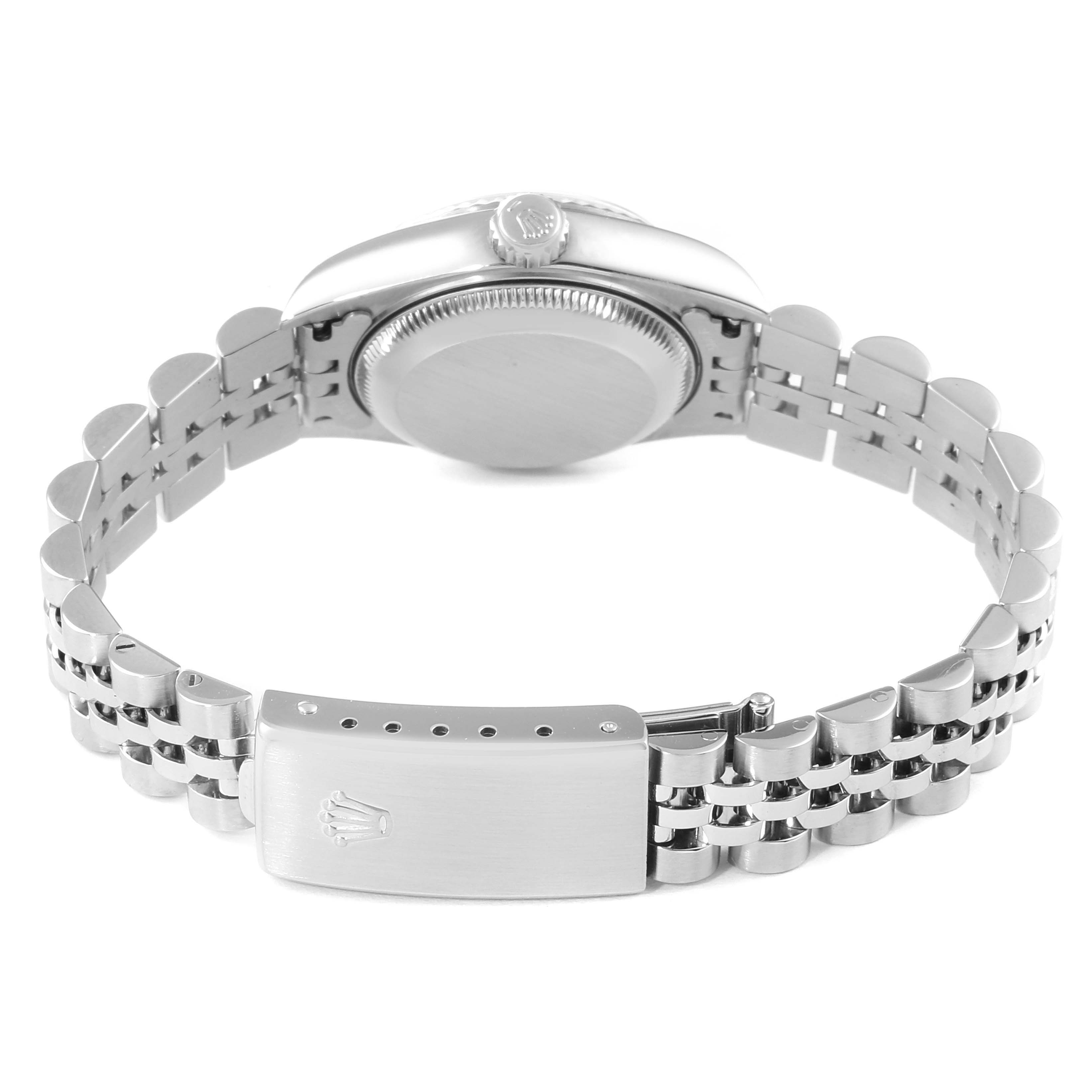 This image shows the back of the case and the bracelet clasp of a Rolex Datejust 79174 Women's Stainless Steel Silver Dial 79174 Women's Stainless Steel Silver Dial watch.