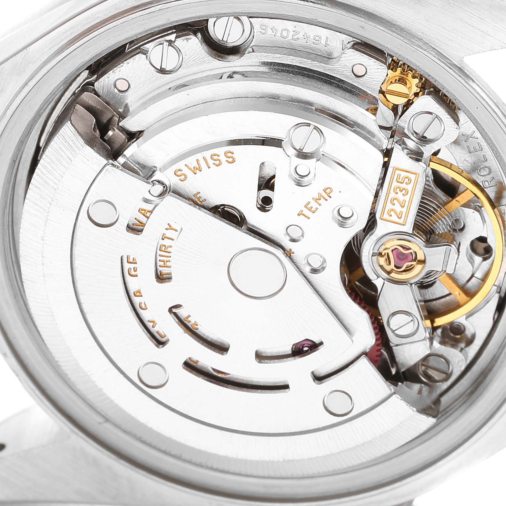 This image shows the internal mechanism of a Rolex Datejust 79174 Women's Stainless Steel Silver Dial 79174 Women's Stainless Steel Silver Dial watch from a close-up angle.