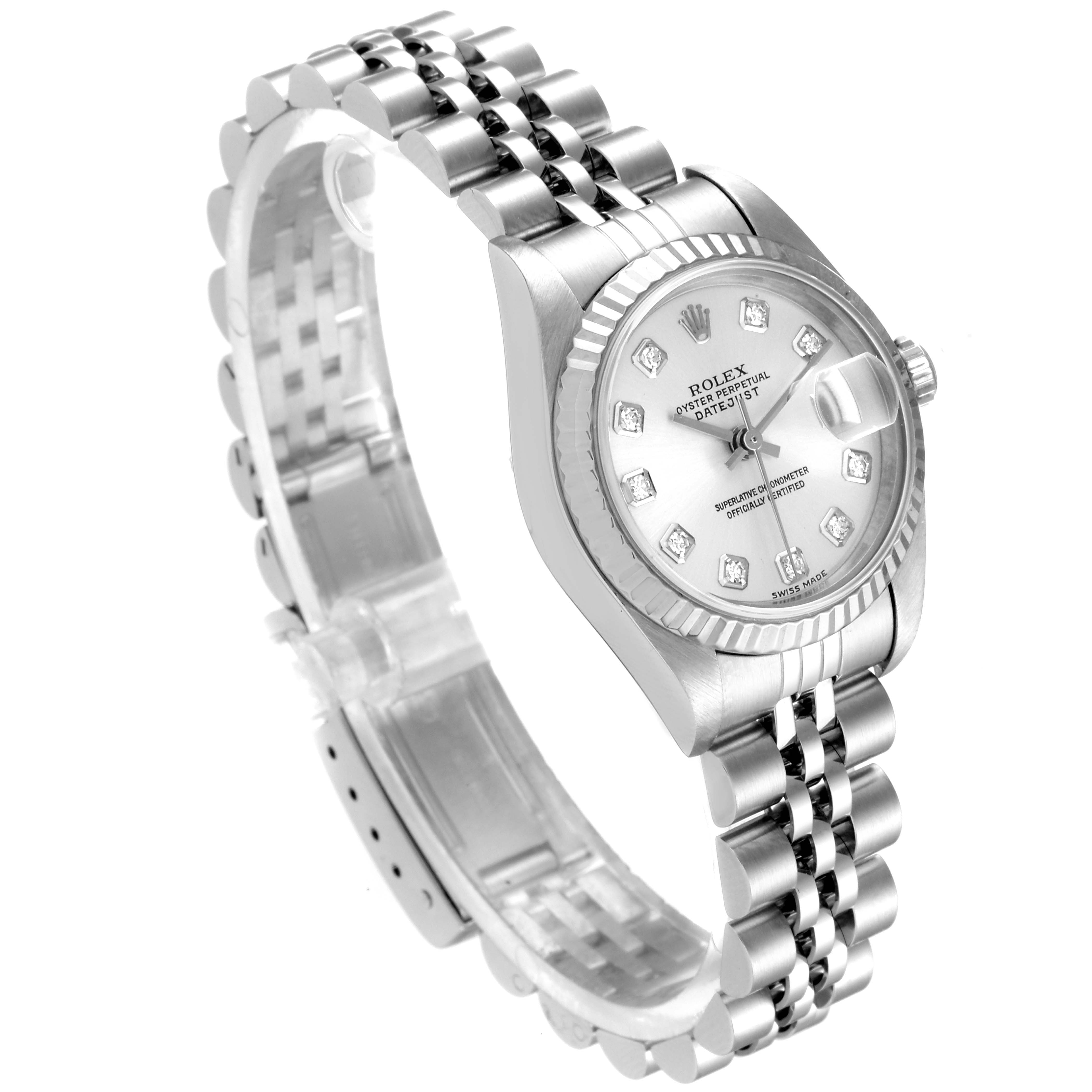 The image shows a Rolex Datejust 79174 Women's Stainless Steel Silver Dial 79174 Women's Stainless Steel Silver Dial watch from an angled perspective, displaying its face, bezel, and Jubilee bracelet.