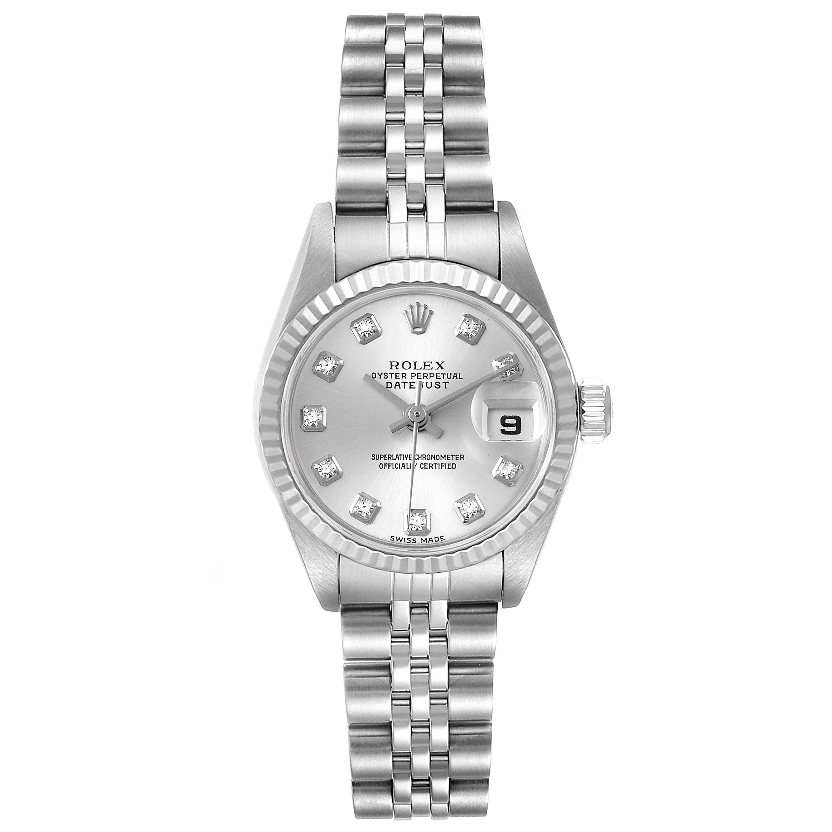 This image shows a front view of a Rolex Datejust 79174 Women's Stainless Steel Silver Dial 79174 Women's Stainless Steel Silver Dial watch, displaying its dial, bezel, bracelet, and crown.