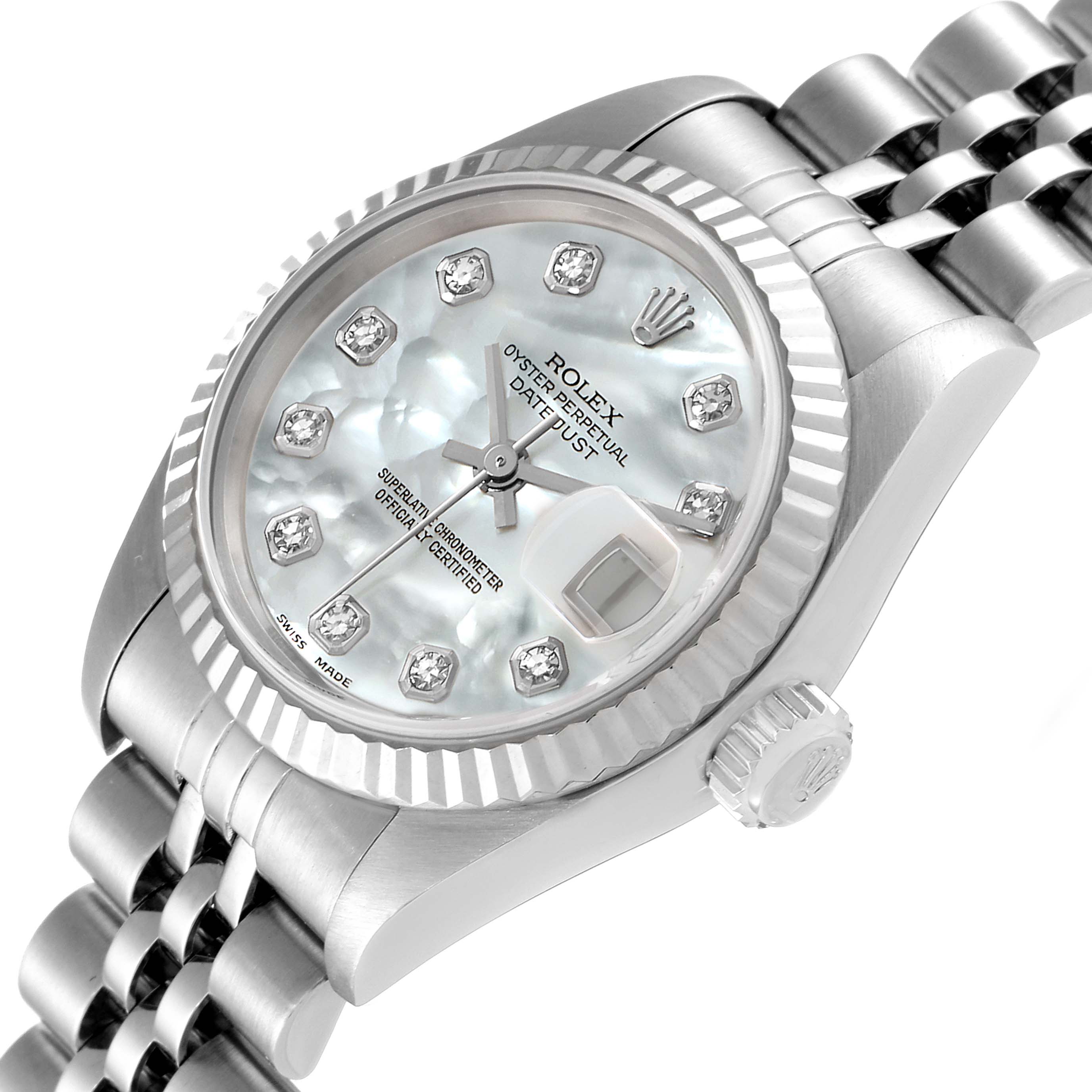 The image shows a Rolex Datejust 79174 Women's Stainless Steel Mother of Pearl Dial 79174 Women's Stainless Steel Mother of Pearl Dial watch from an angled top view, highlighting the dial, bezel, and bracelet.