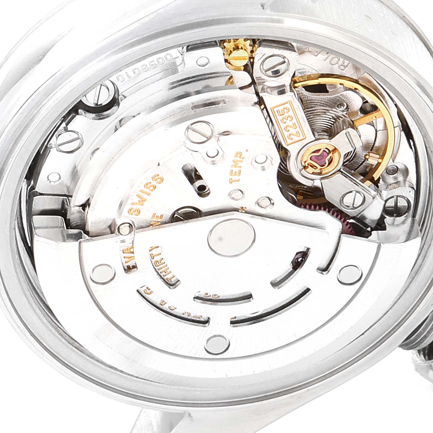 The image shows the internal mechanical movement of a Rolex Datejust 79174 Women's Stainless Steel Mother of Pearl Dial 79174 Women's Stainless Steel Mother of Pearl Dial watch, viewed from the back.
