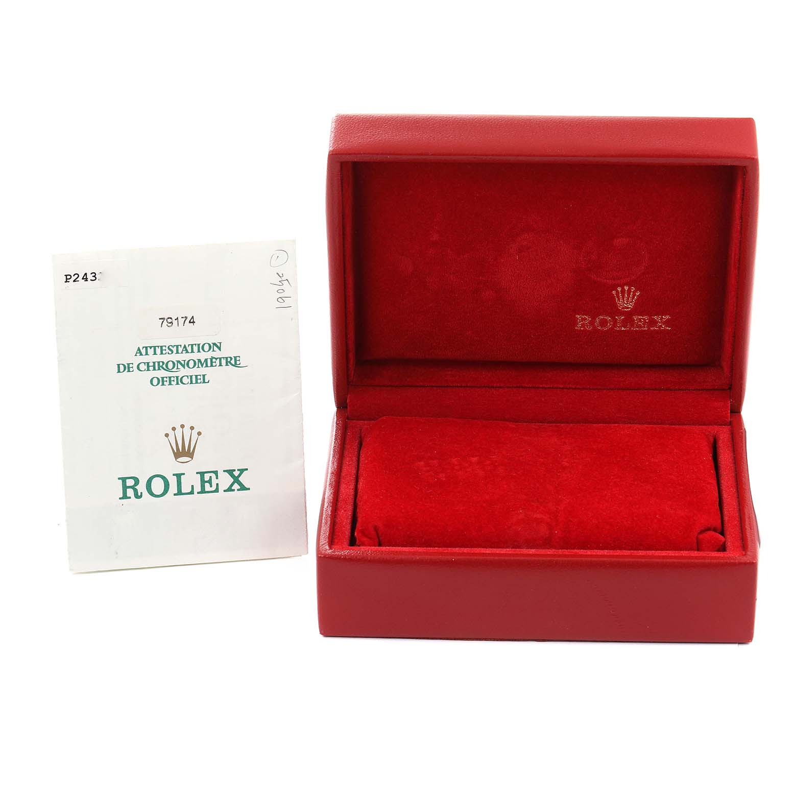 A Rolex Datejust 79174 Women's Stainless Steel Mother of Pearl Dial 79174 Women's Stainless Steel Mother of Pearl Dial watch box and official chronometer certificate are shown from a front angle.