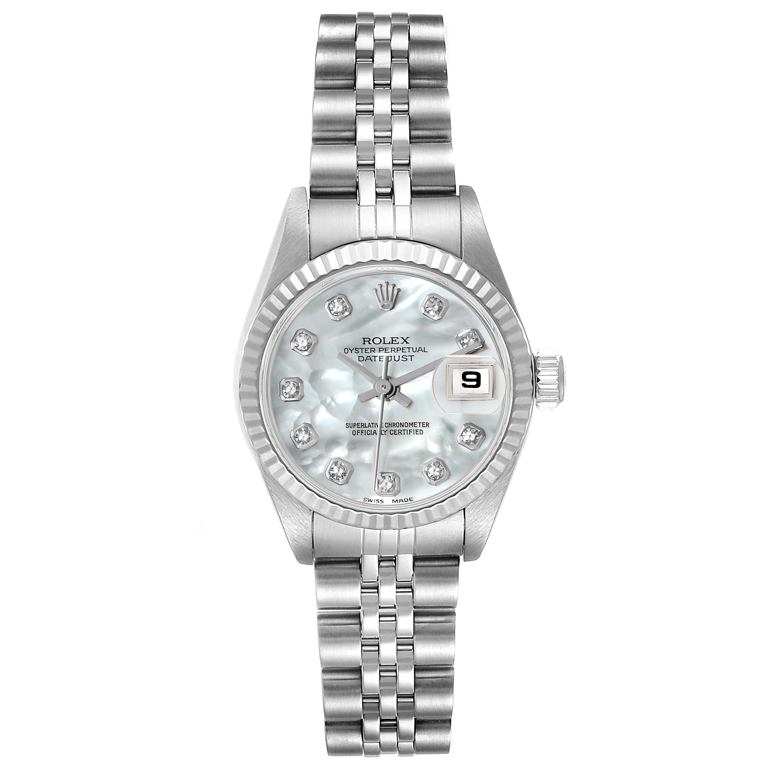 The image shows a frontal view of a Rolex Datejust 79174 Women's Stainless Steel Mother of Pearl Dial 79174 Women's Stainless Steel Mother of Pearl Dial watch, displaying its face, bracelet, and crown.
