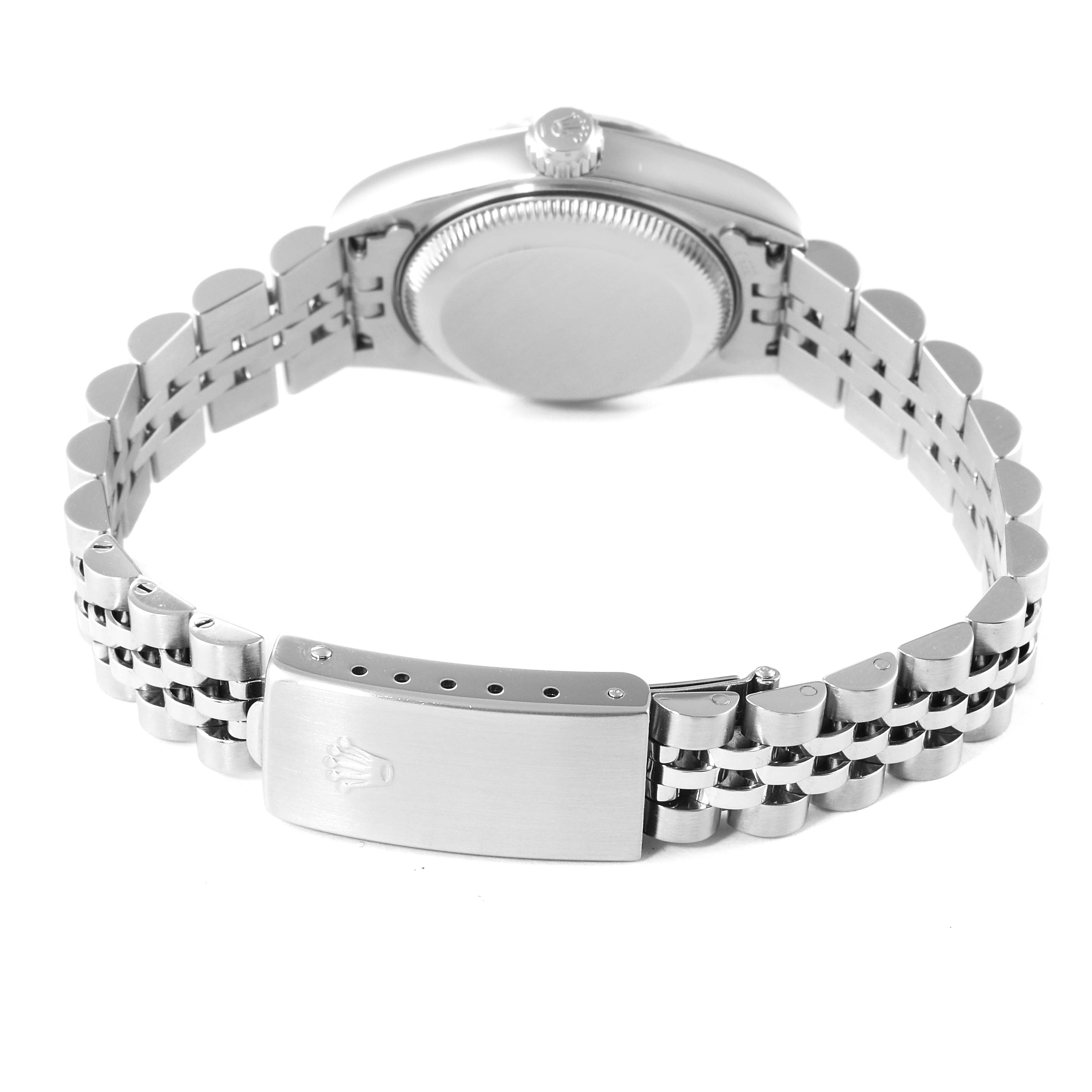 The image shows the backside and clasp of a Rolex Datejust 79174 Women's Stainless Steel Mother of Pearl Dial 79174 Women's Stainless Steel Mother of Pearl Dial watch, focusing on the bracelet and case back.