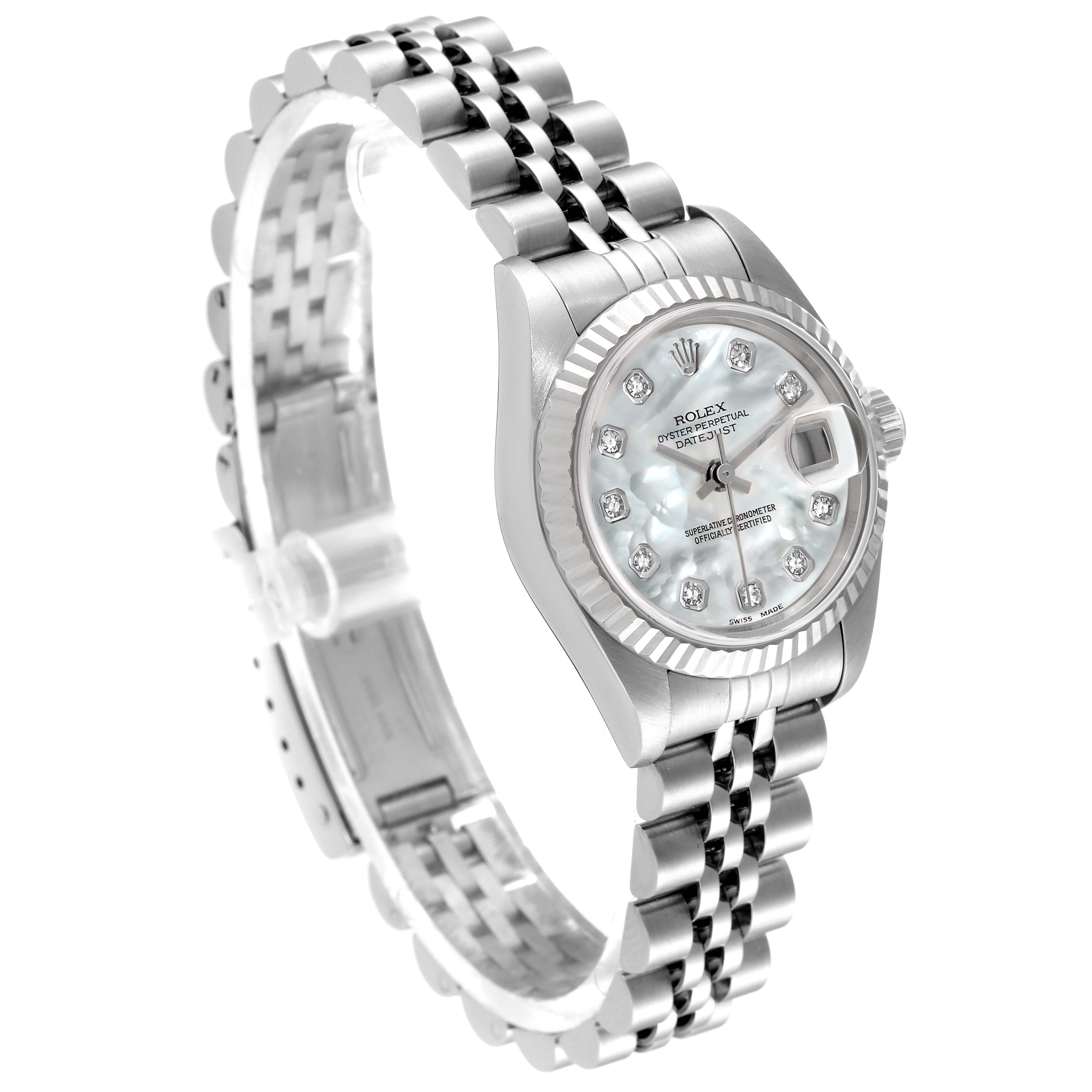 The image shows a Rolex Datejust 79174 Women's Stainless Steel Mother of Pearl Dial 79174 Women's Stainless Steel Mother of Pearl Dial watch angled to display its face, diamond markers, bezel, and Jubilee bracelet.