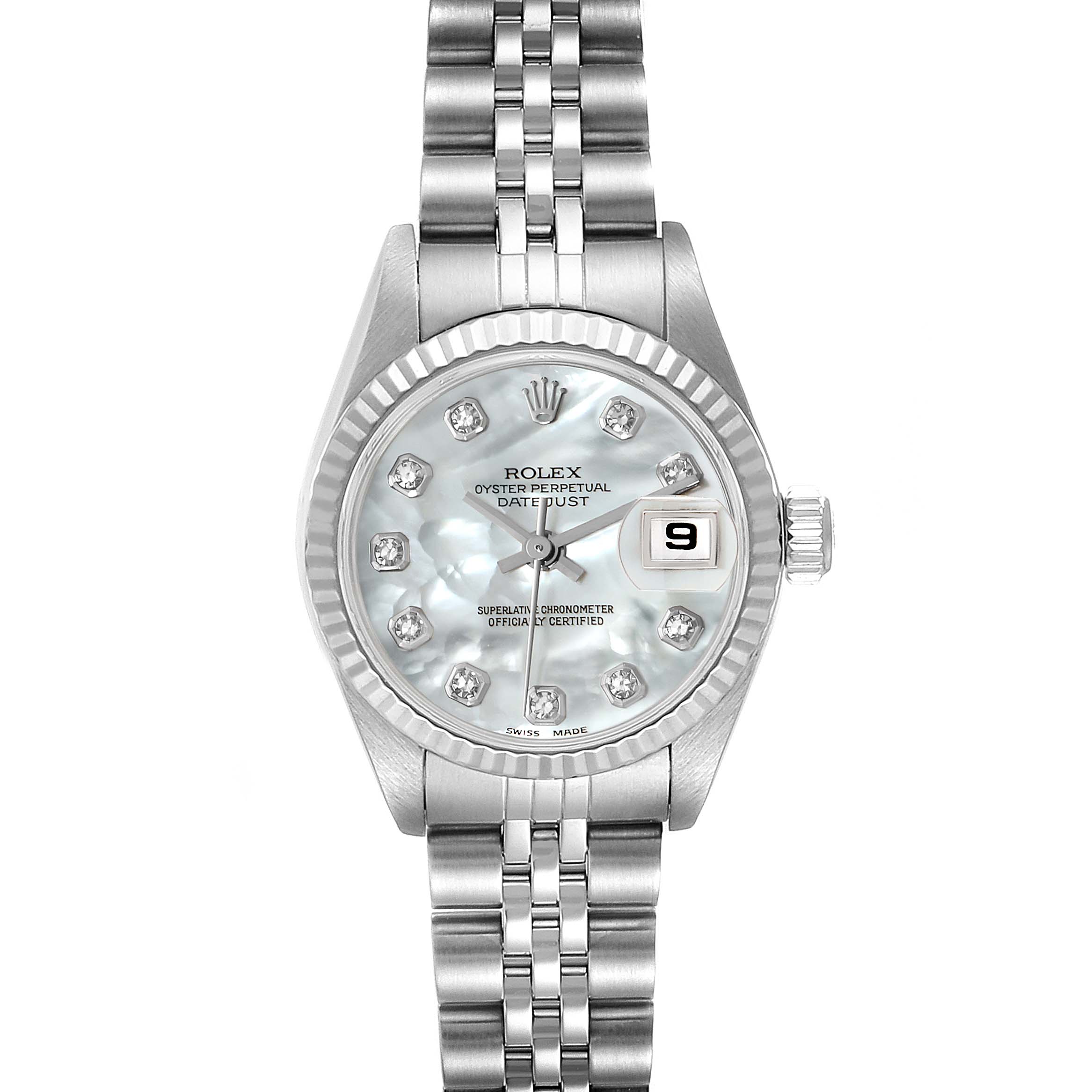 This is a front view of a Rolex Datejust 79174 Women's Stainless Steel Mother of Pearl Dial 79174 Women's Stainless Steel Mother of Pearl Dial watch, showcasing its dial, bezel, crown, and bracelet.