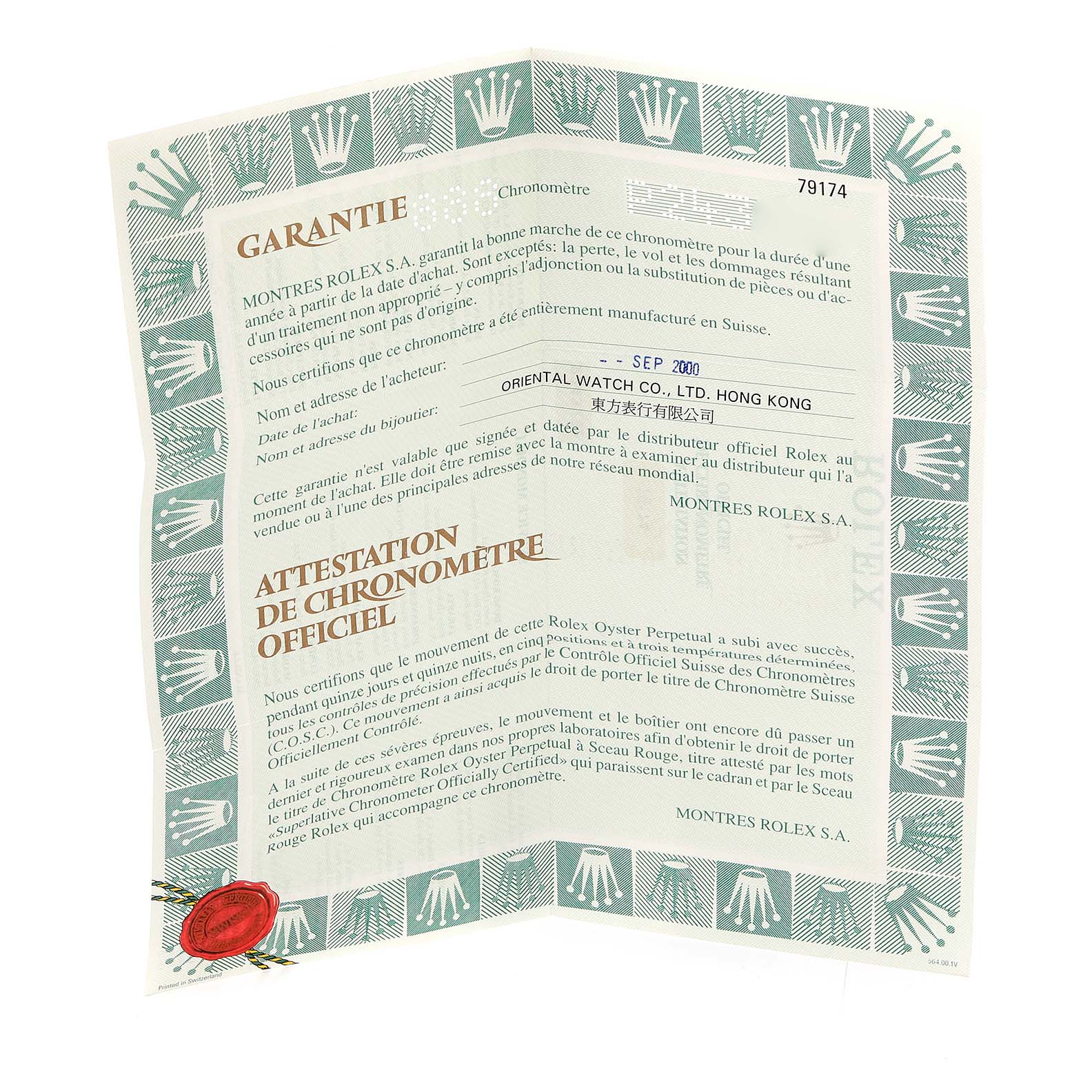 The image shows the warranty and chronometer certification paper for the Rolex Datejust 79174 Women's Stainless Steel Mother of Pearl Dial 79174 Women's Stainless Steel Mother of Pearl Dial model.