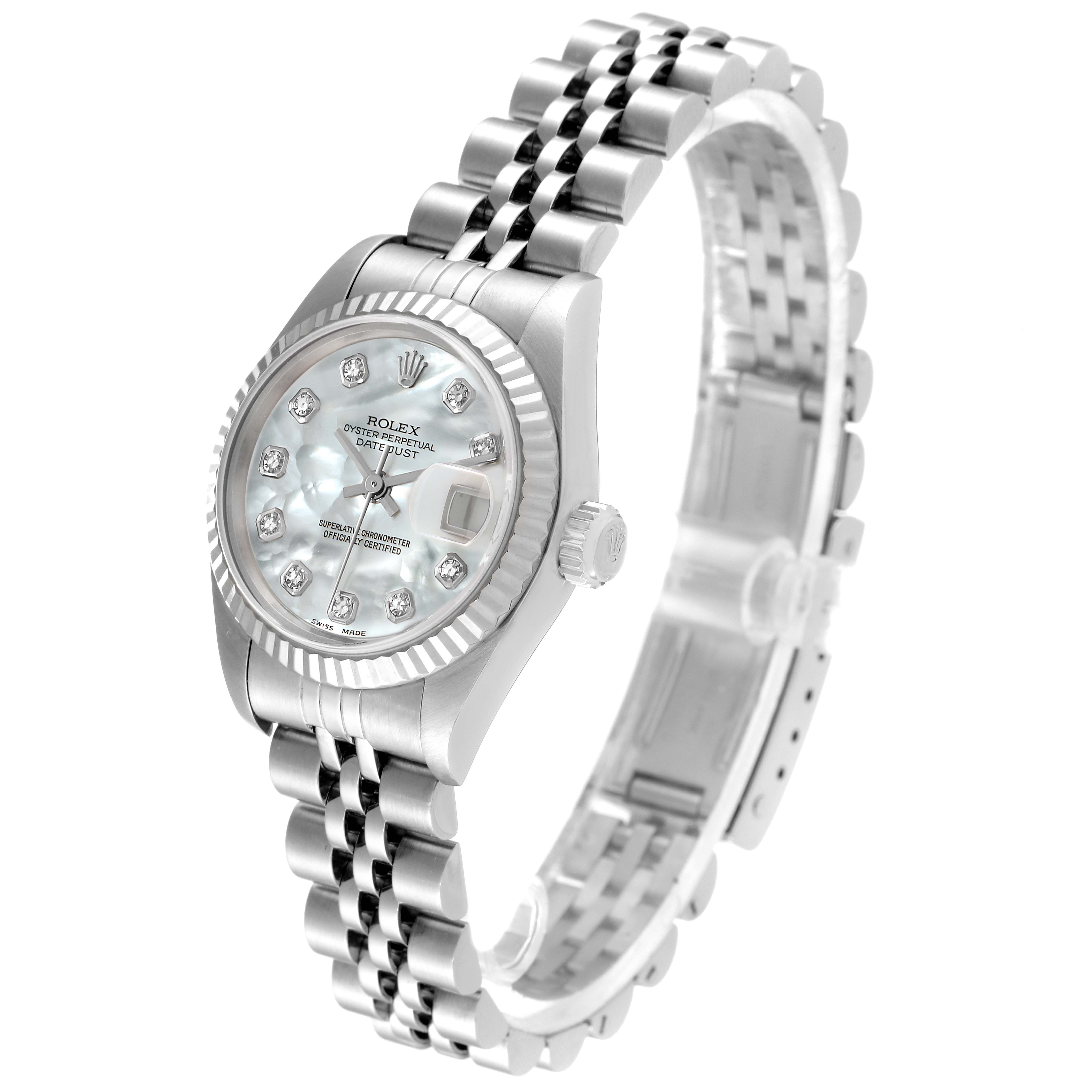 The image shows a Rolex Datejust 79174 Women's Stainless Steel Mother of Pearl Dial 79174 Women's Stainless Steel Mother of Pearl Dial watch from an angled perspective, highlighting its dial, bezel, and bracelet.
