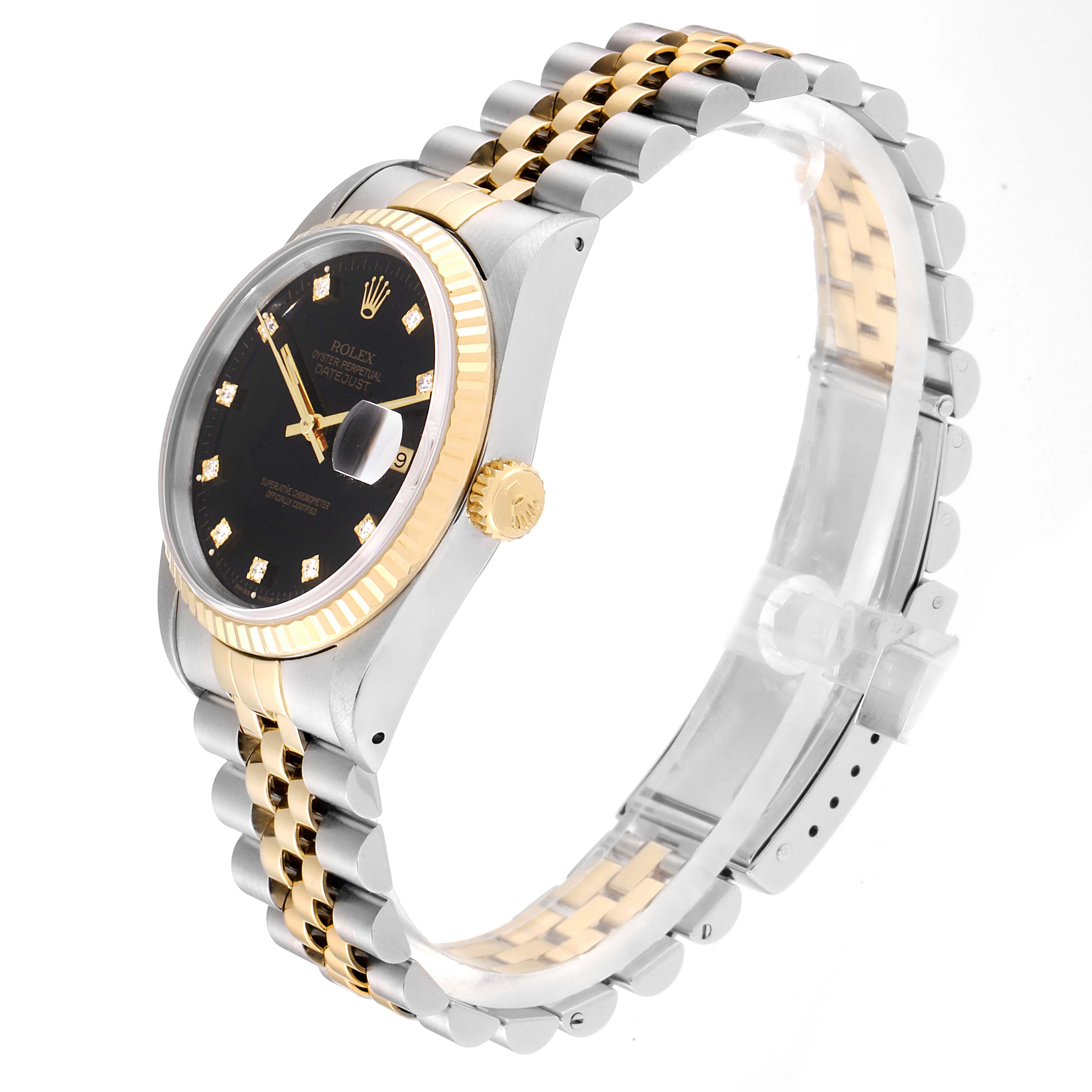 This photo shows the Rolex Datejust 41 16233 Men's Steel and Gold (two tone) Black Dial 16233 Men's Steel and Gold (two tone) Black Dial from a side angle, highlighting the face, crown, and two-tone Jubilee bracelet.