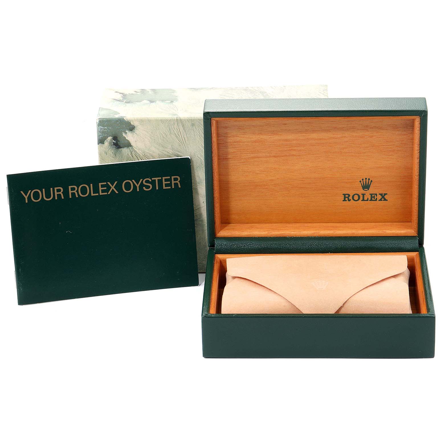The image shows the packaging of a Rolex Datejust 41 16233 Men's Steel and Gold (two tone) Black Dial 16233 Men's Steel and Gold (two tone) Black Dial, including the open watch box, a booklet, and an outer box.