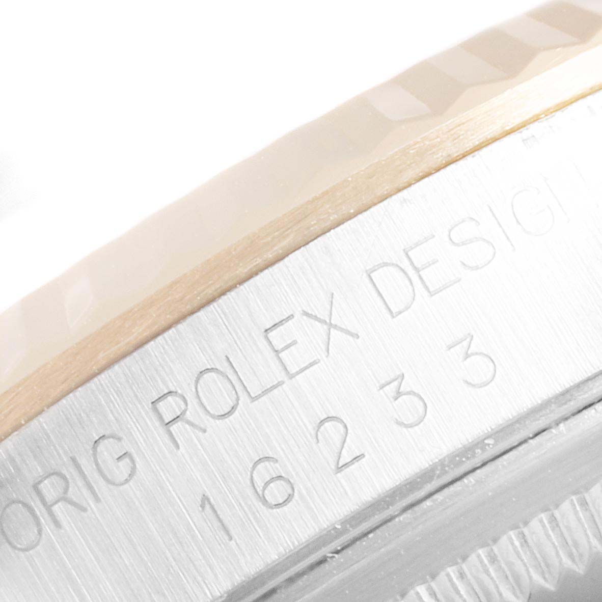 This image shows a close-up of the side edge and bezel of a Rolex Datejust 41 16233 Men's Steel and Gold (two tone) Black Dial 16233 Men's Steel and Gold (two tone) Black Dial watch, focusing on the engraved "Orig Rolex Design" and model number.