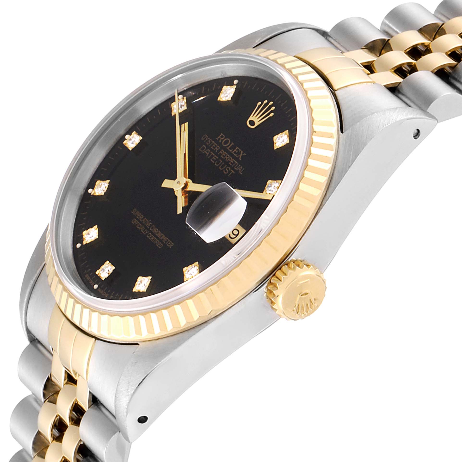 This image shows a side view of the Rolex Datejust 41 16233 Men's Steel and Gold (two tone) Black Dial 16233 Men's Steel and Gold (two tone) Black Dial, highlighting the crown, black dial, fluted bezel, and two-tone bracelet.